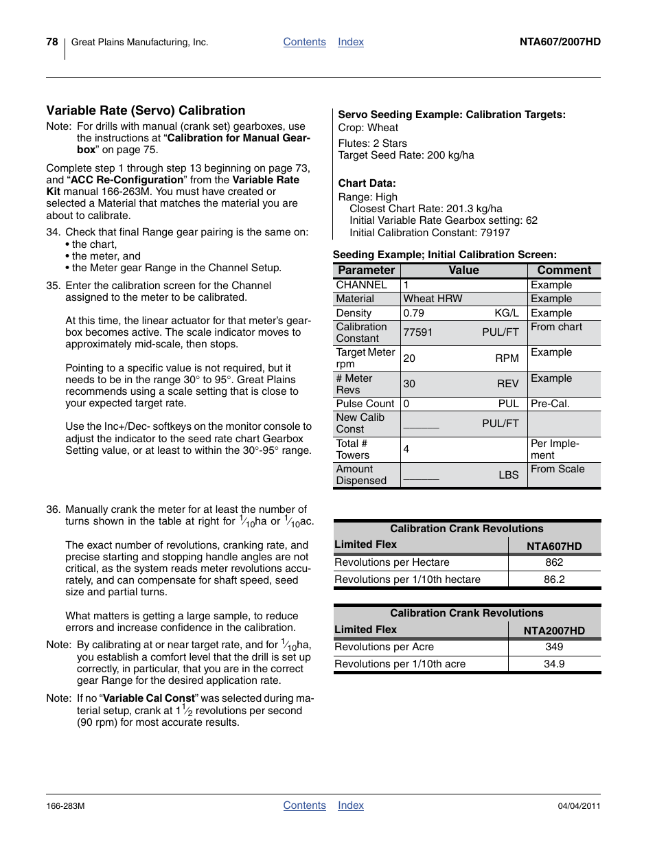 Variable rate (servo) calibration, Servo seeding example: calibration targets, Seeding example; initial calibration screen | Great Plains NTA2007HD Operator Manual User Manual | Page 82 / 178