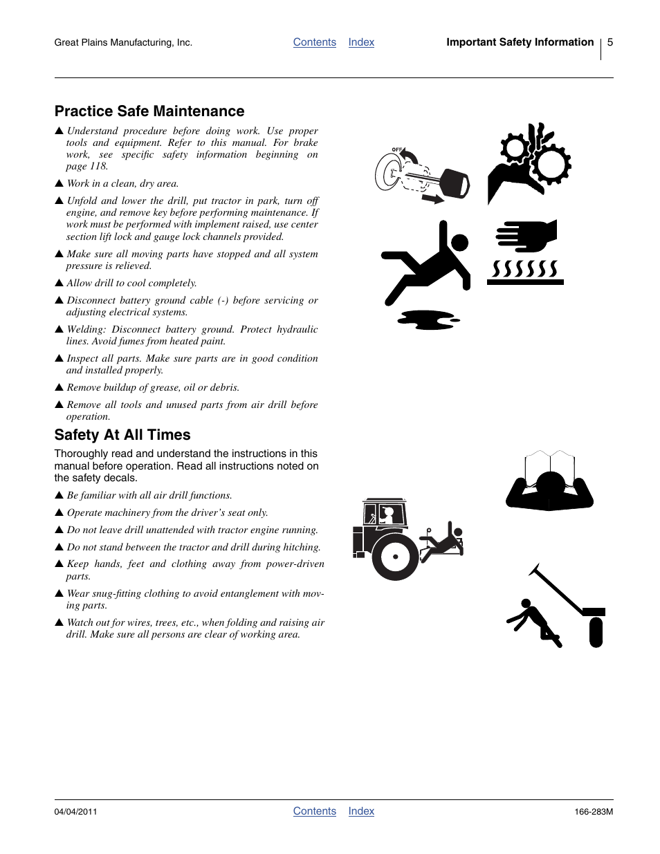 Practice safe maintenance, Safety at all times | Great Plains NTA2007HD Operator Manual User Manual | Page 9 / 178