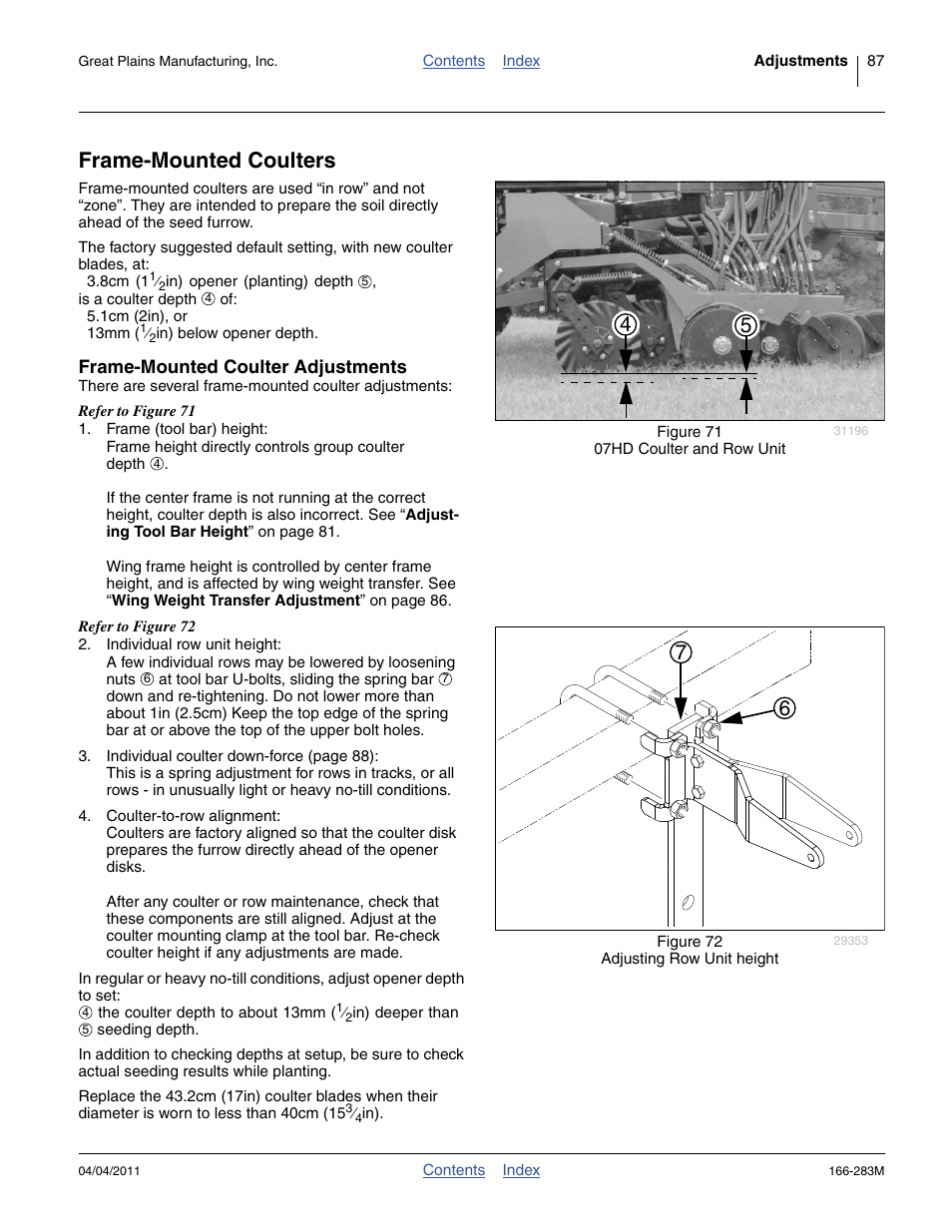 Frame-mounted coulters, Frame-mounted coulter adjustments | Great Plains NTA2007HD Operator Manual User Manual | Page 91 / 178