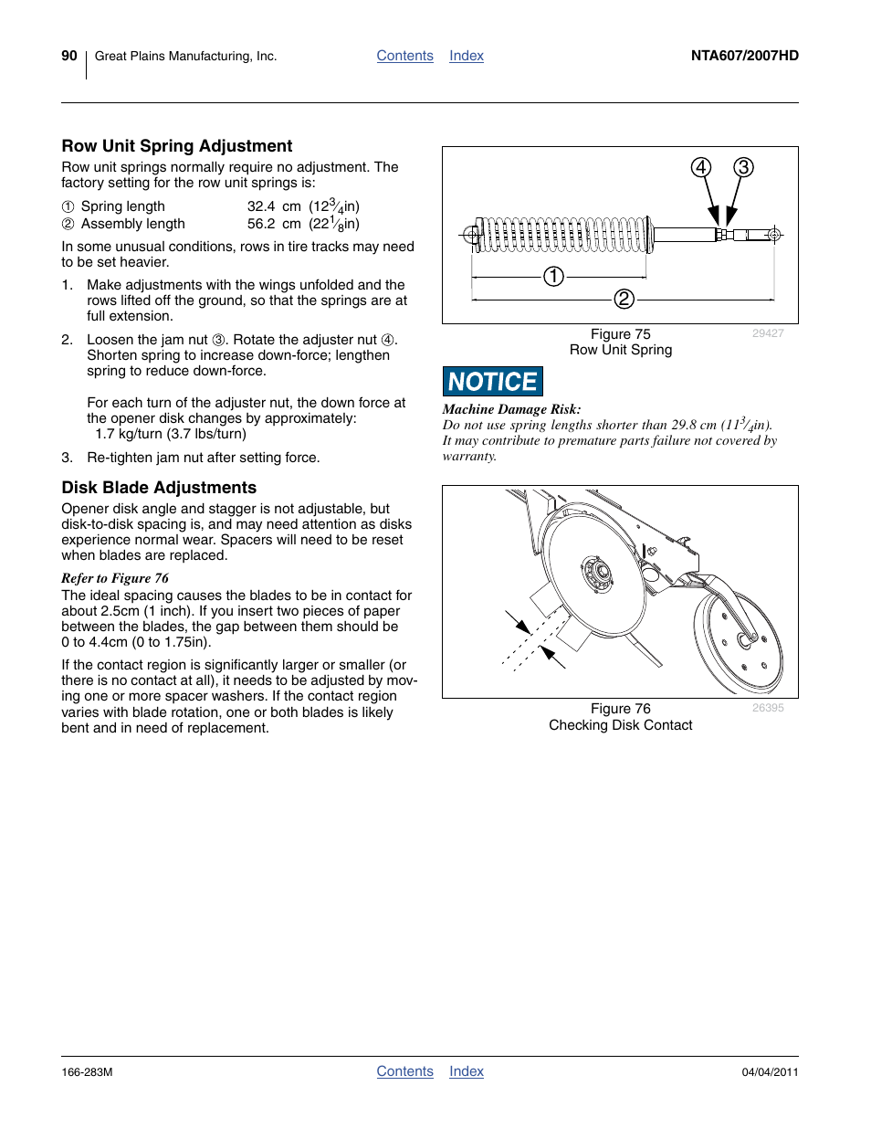 Row unit spring adjustment, Disk blade adjustments, Row unit spring adjustment disk blade adjustments | Great Plains NTA2007HD Operator Manual User Manual | Page 94 / 178
