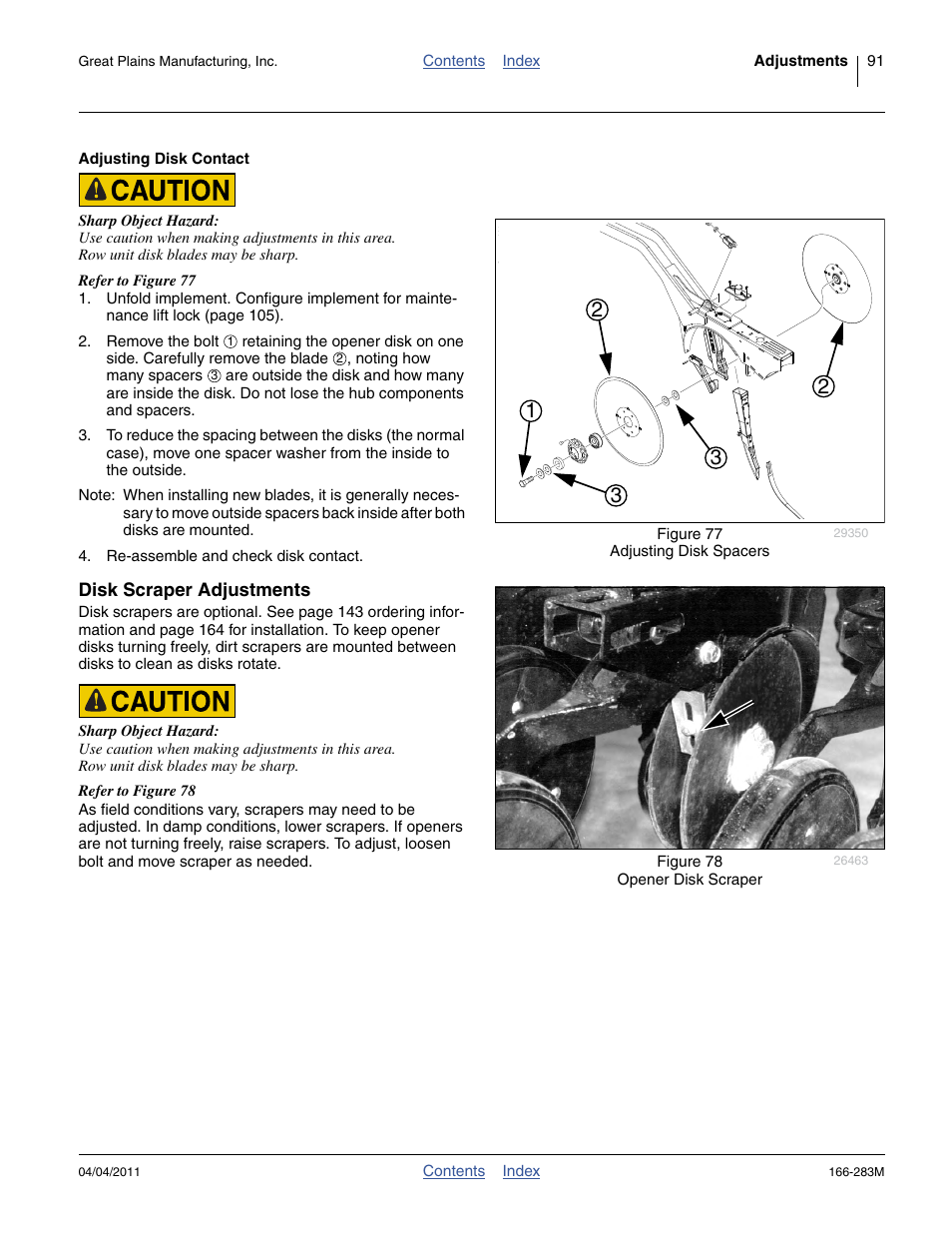 Adjusting disk contact, Disk scraper adjustments | Great Plains NTA2007HD Operator Manual User Manual | Page 95 / 178