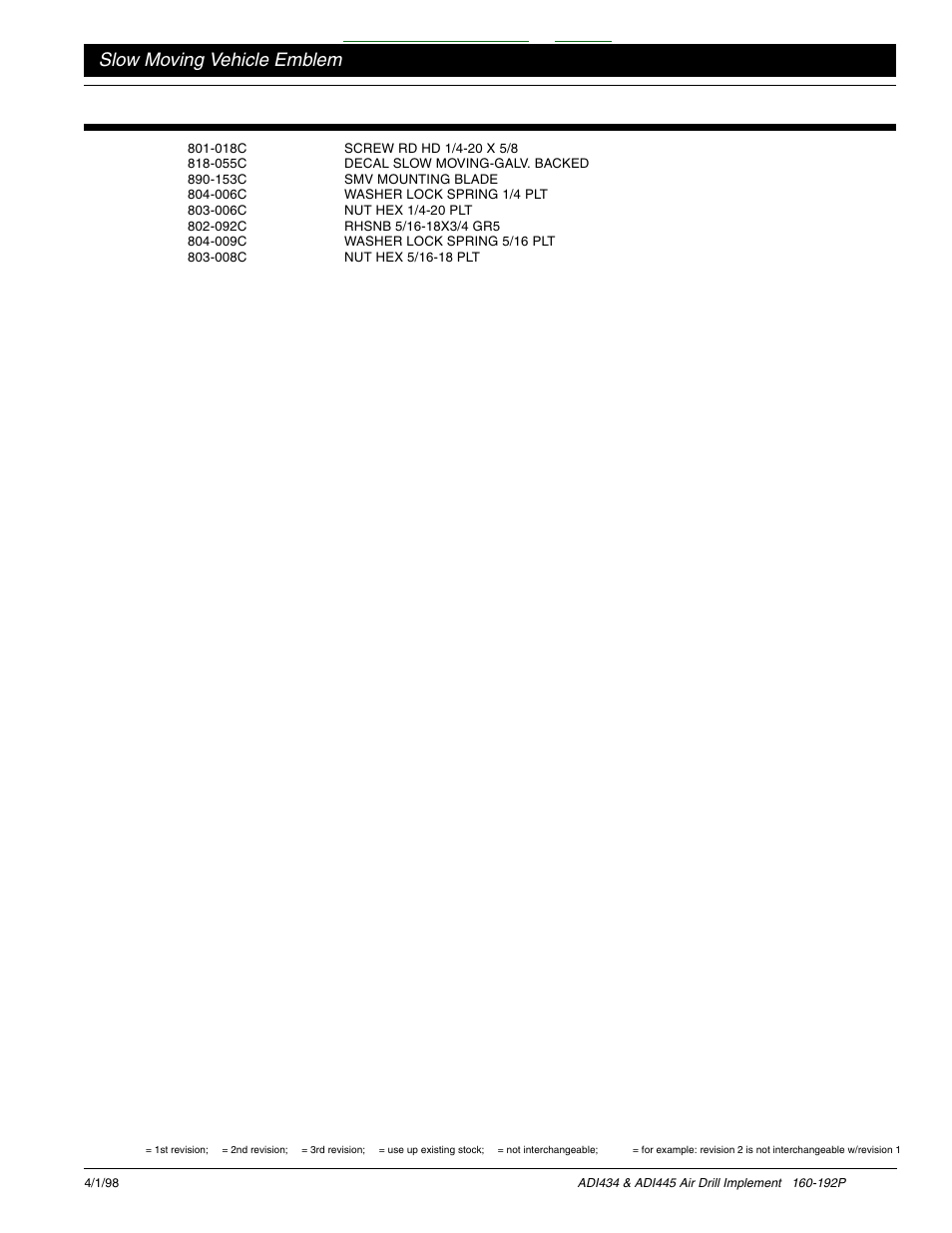 Table of contents index, Slow moving vehicle emblem | Great Plains ADI445 Parts Manual User Manual | Page 21 / 87