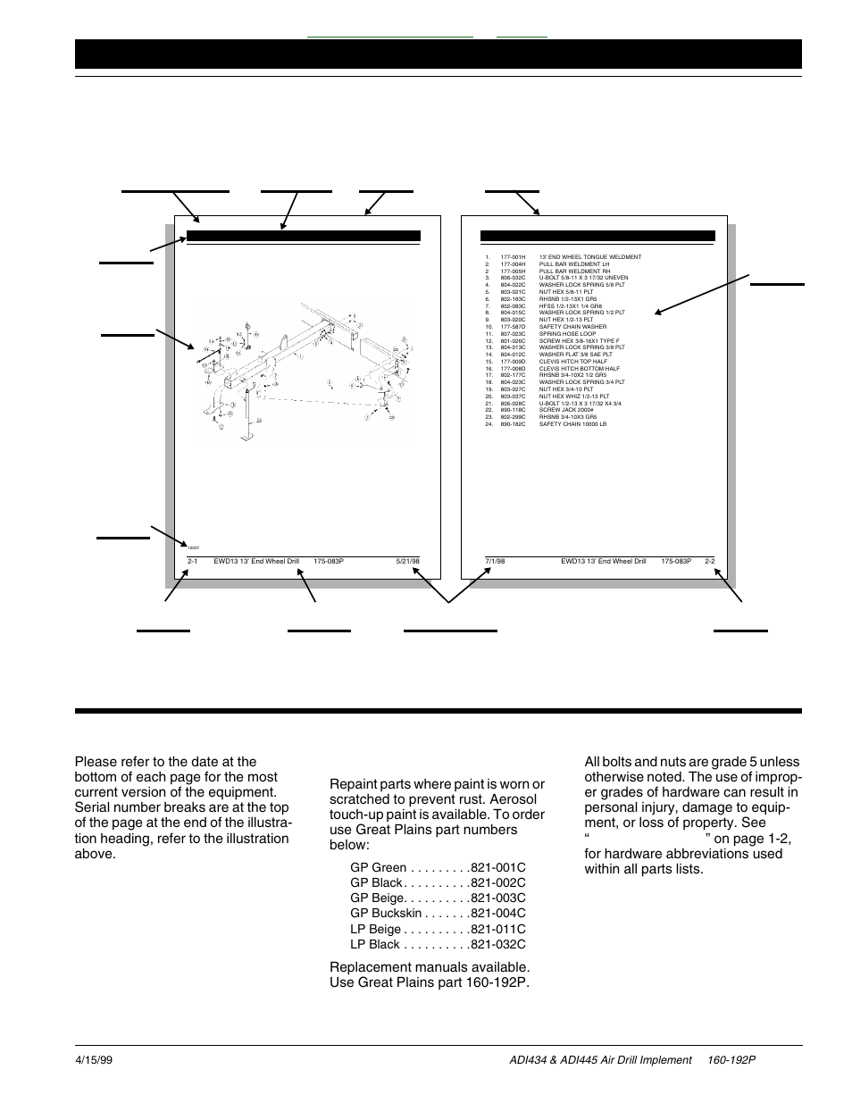 Section 1 introduction -1, General information -1, General information | Table of contents index, Revisions, Touch-up paint and manual information, Replacement hardware, 192p | Great Plains ADI445 Parts Manual User Manual | Page 3 / 87