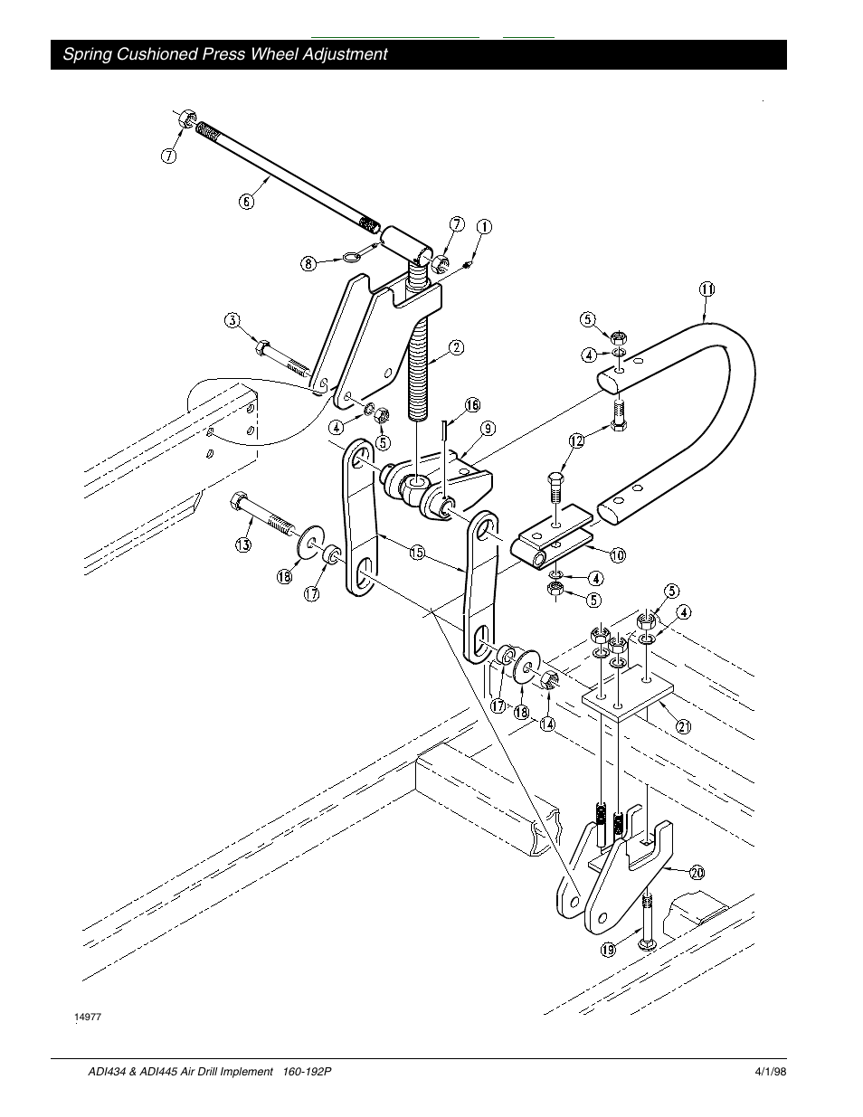 Spring cushioned press wheel adjustment -3, Table of contents index, Spring cushioned press wheel adjustment | Great Plains ADI445 Parts Manual User Manual | Page 52 / 87