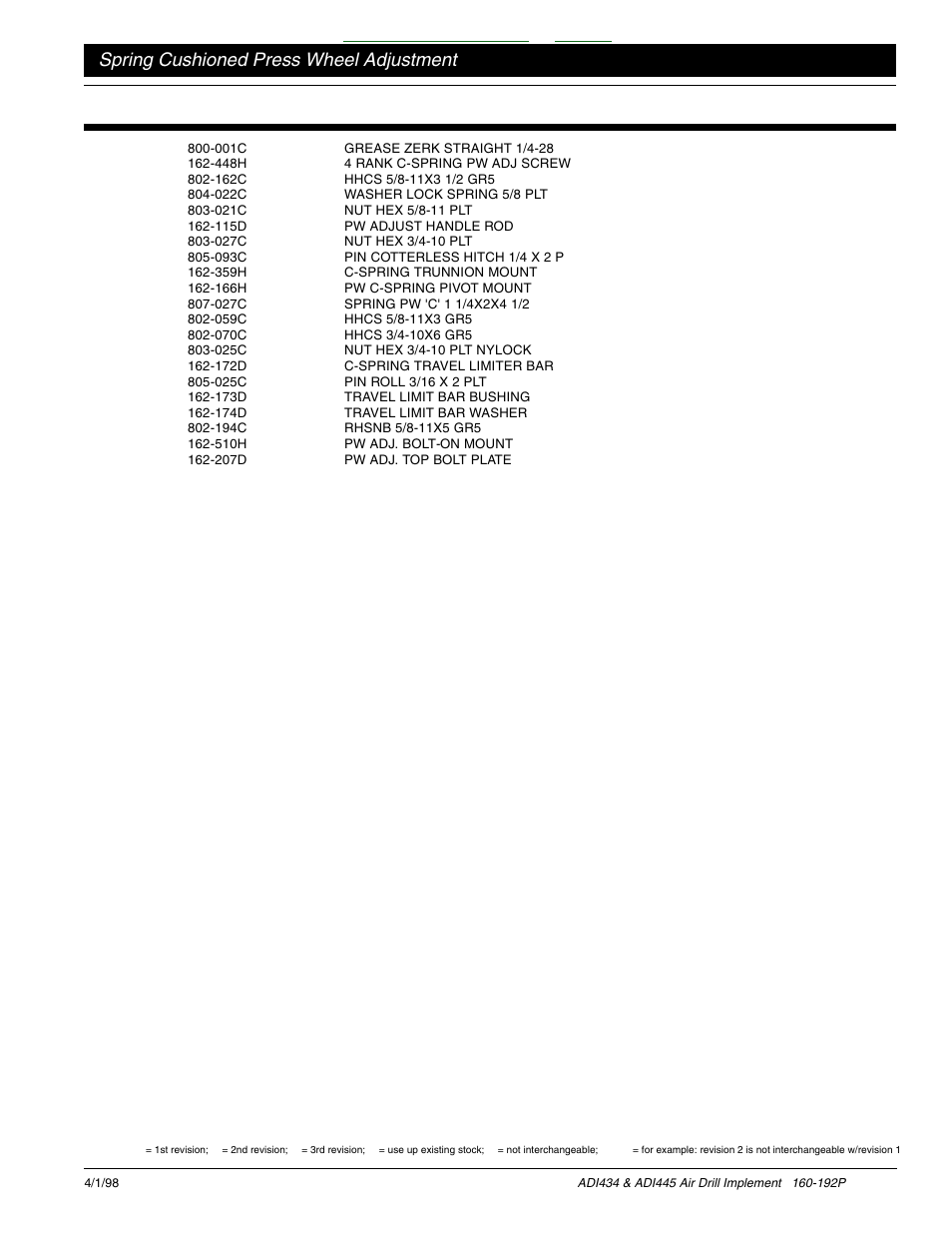 Table of contents index, Spring cushioned press wheel adjustment | Great Plains ADI445 Parts Manual User Manual | Page 53 / 87