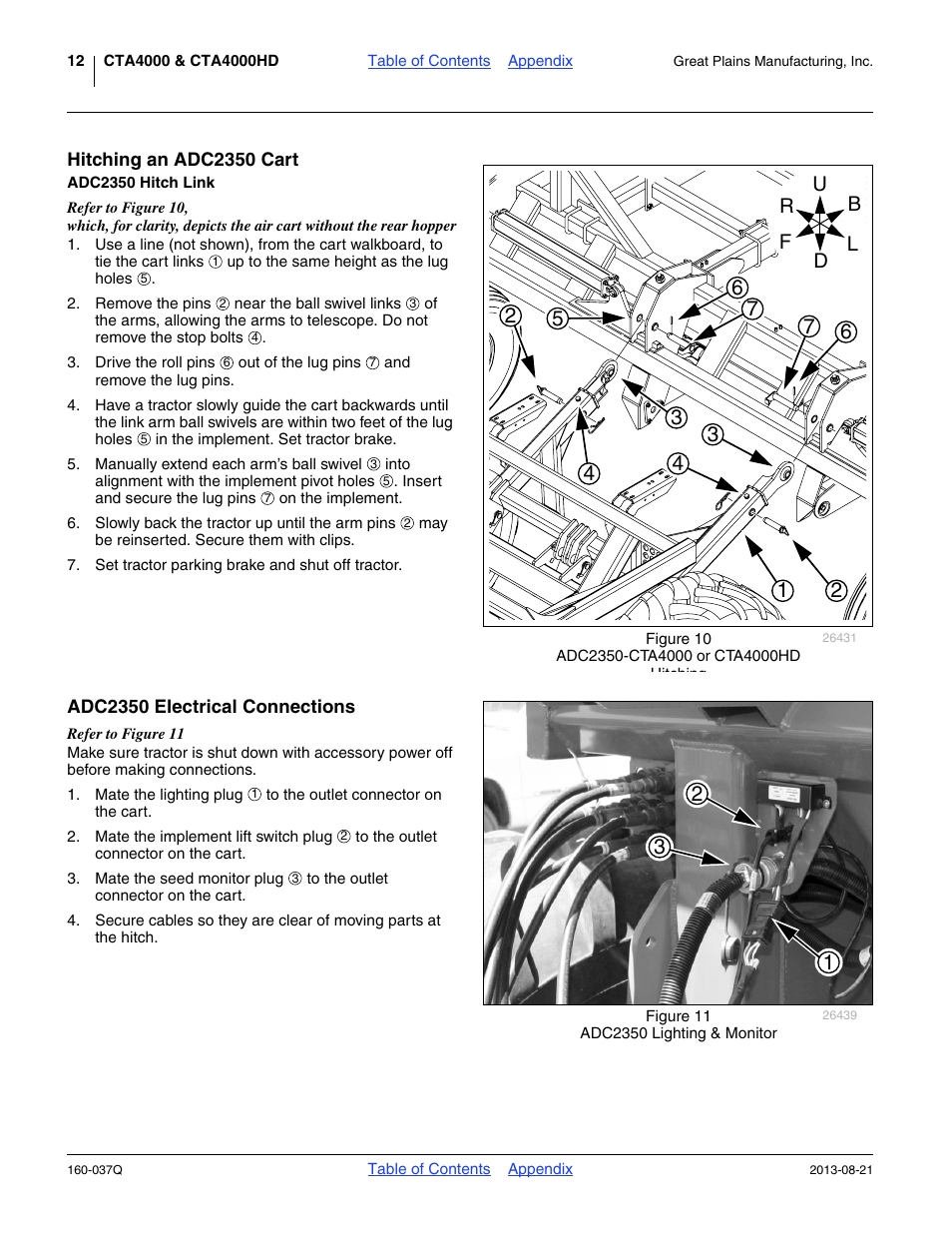 Hitching an adc2350 cart, Adc2350 hitch link, Adc2350 electrical connections | Great Plains CTA4000 Predelivery Manual User Manual | Page 16 / 38