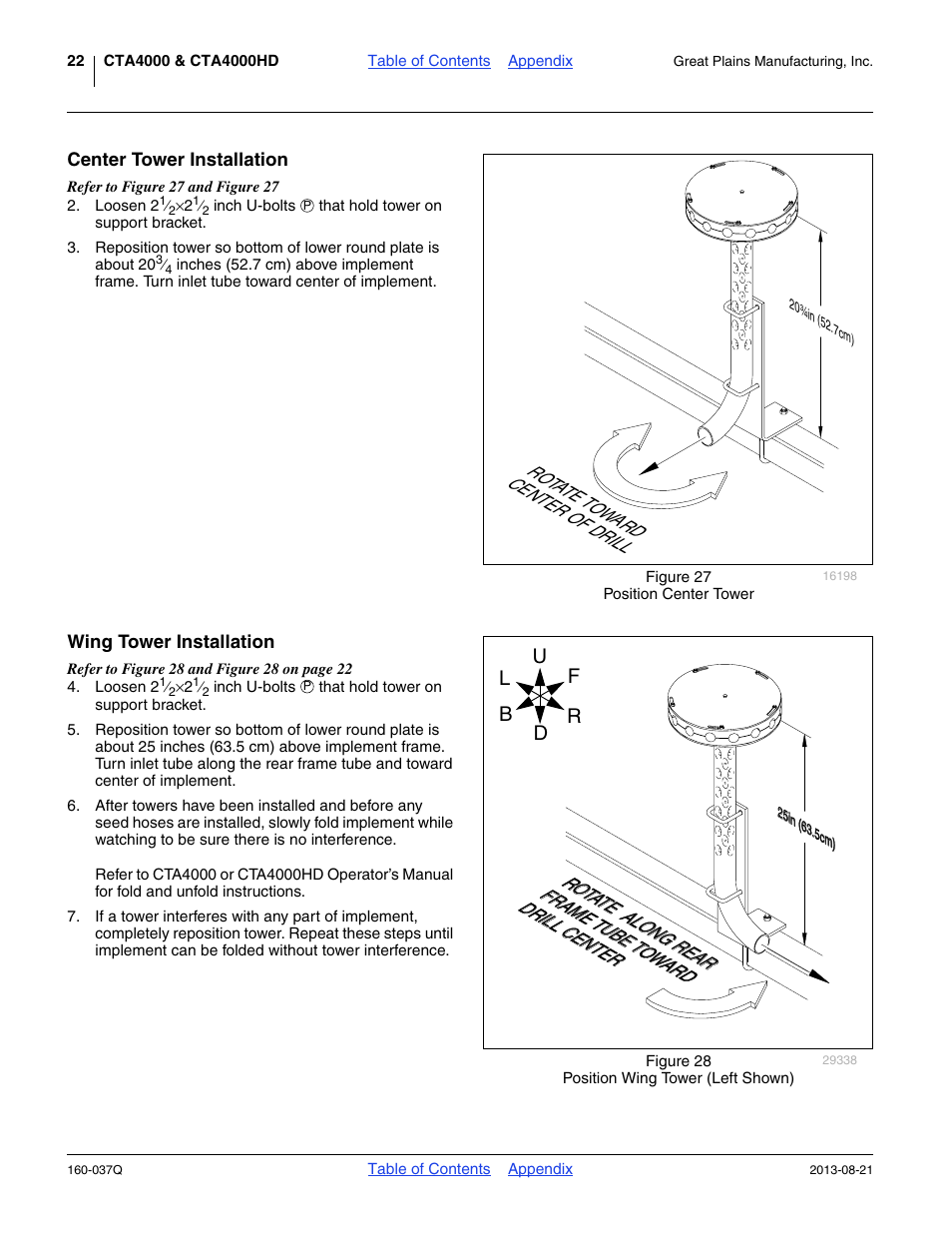 Center tower installation, Wing tower installation, Center tower installation wing tower installation | Rota te t ow ard center of drill | Great Plains CTA4000 Predelivery Manual User Manual | Page 26 / 38