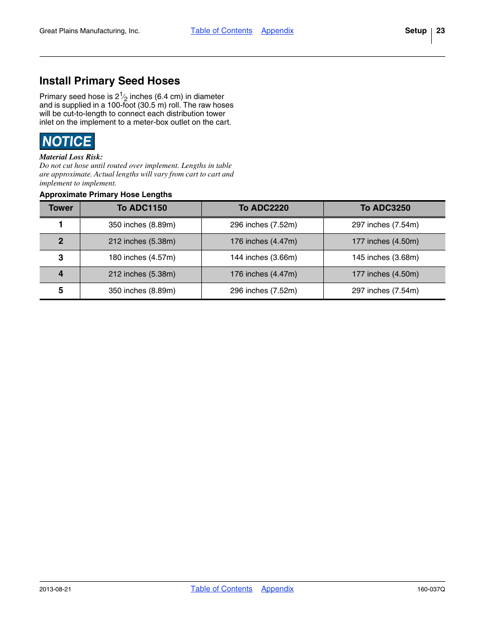 Install primary seed hoses, Approximate primary hose lengths | Great Plains CTA4000 Predelivery Manual User Manual | Page 27 / 38