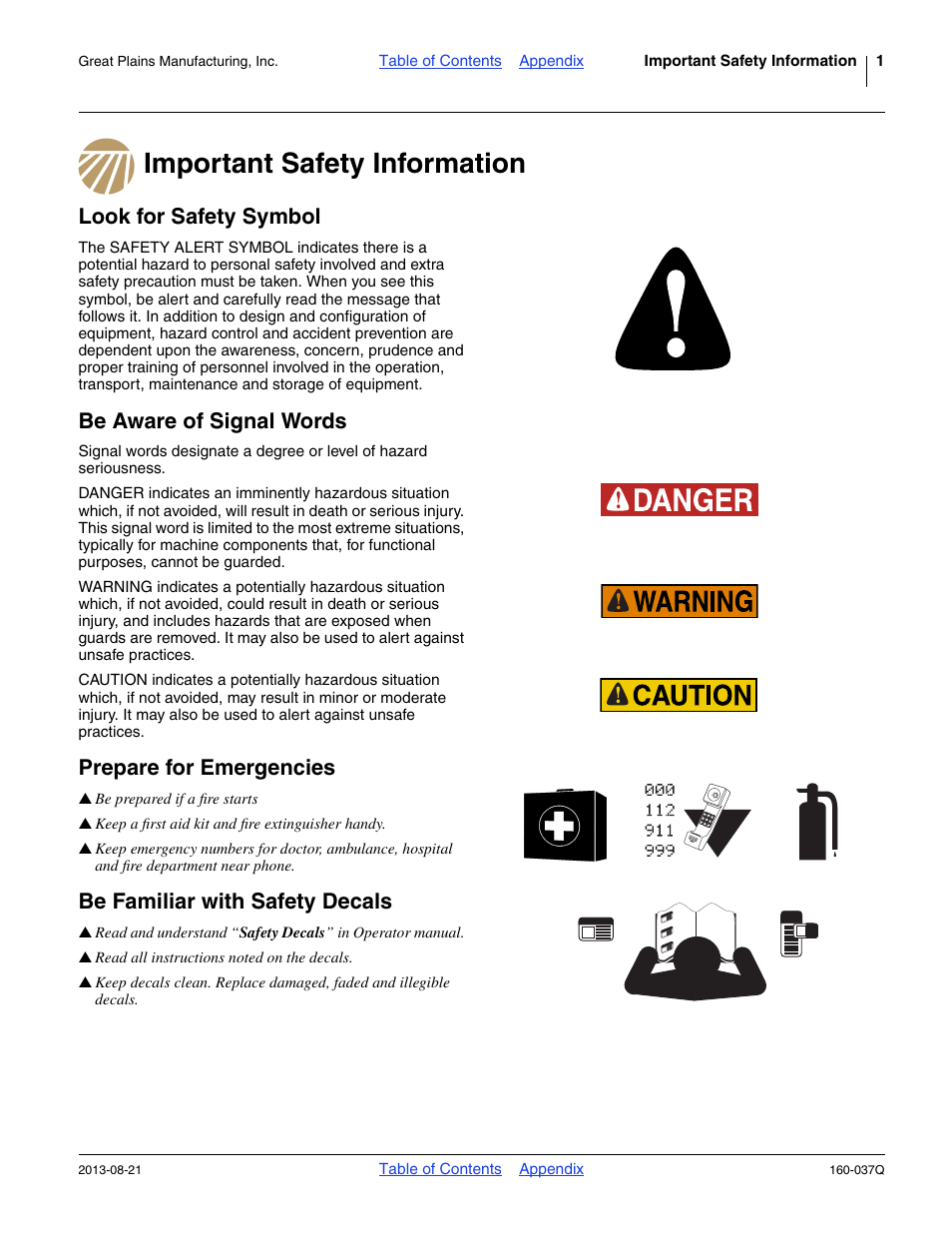 Important safety information, Look for safety symbol, Be aware of signal words | Prepare for emergencies, Be familiar with safety decals | Great Plains CTA4000 Predelivery Manual User Manual | Page 5 / 38