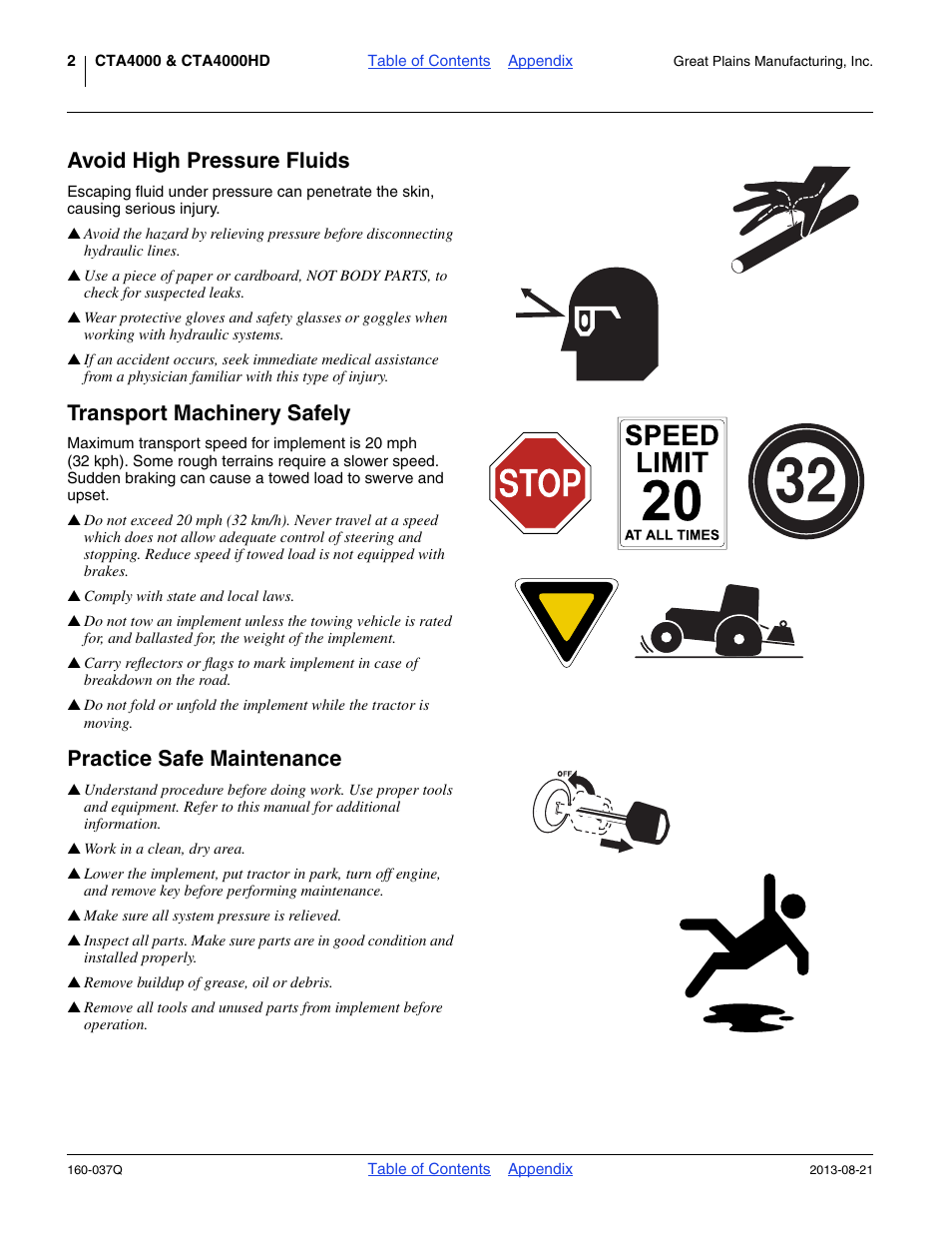 Avoid high pressure fluids, Transport machinery safely, Practice safe maintenance | Great Plains CTA4000 Predelivery Manual User Manual | Page 6 / 38