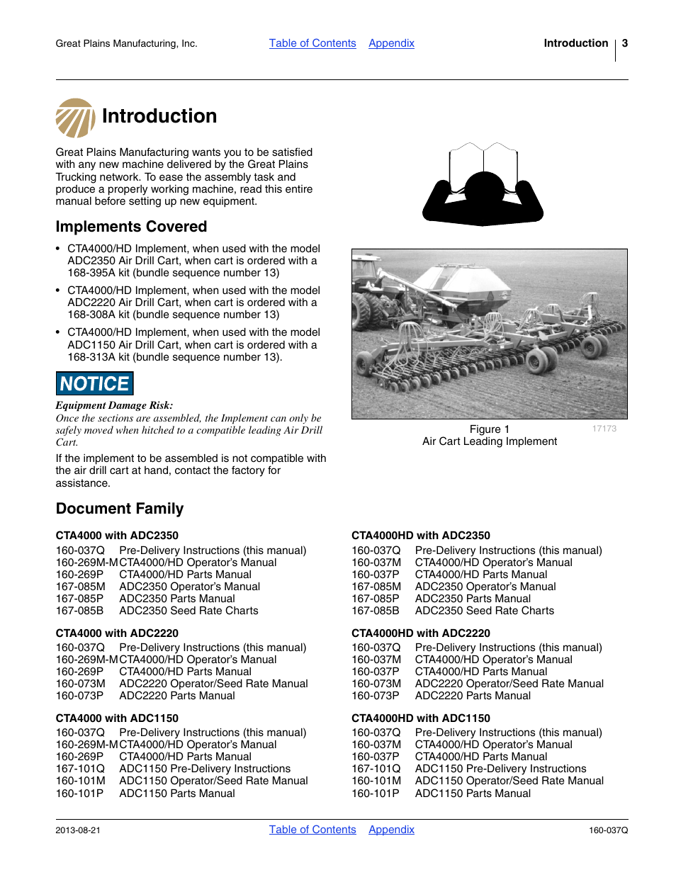 Introduction, Implements covered, Document family | Cta4000 with adc2350, Cta4000 with adc2220, Cta4000 with adc1150, Cta4000hd with adc2350, Cta4000hd with adc2220, Cta4000hd with adc1150, Introduction implements covered document family | Great Plains CTA4000 Predelivery Manual User Manual | Page 7 / 38