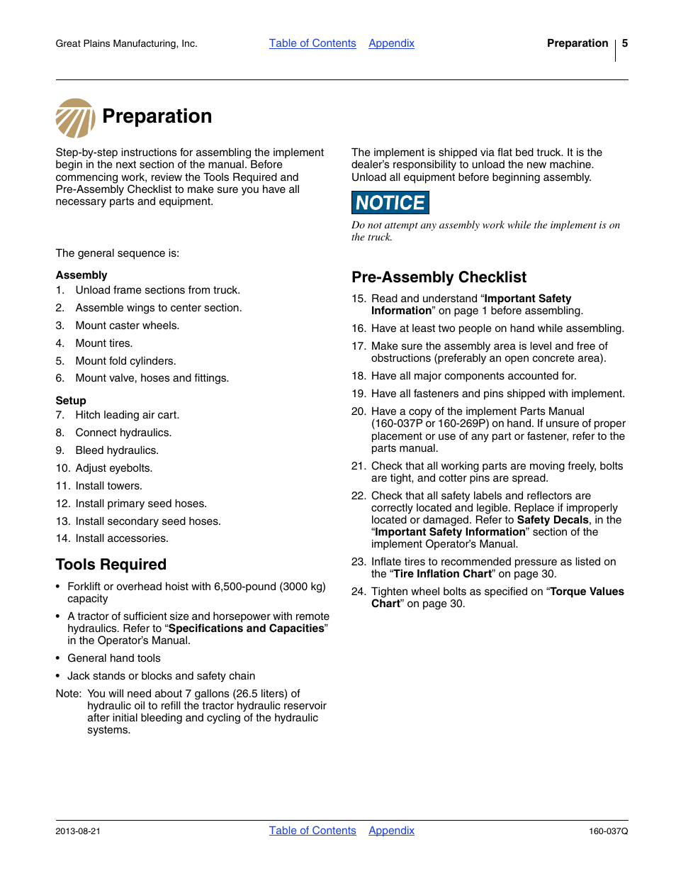 Preparation, Assembly, Setup | Tools required, Pre-assembly checklist, Assembly setup, Tools required pre-assembly checklist | Great Plains CTA4000 Predelivery Manual User Manual | Page 9 / 38