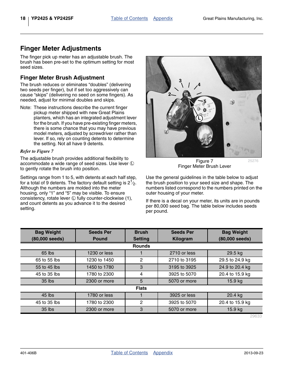 Finger meter adjustments, Finger meter brush adjustment | Great Plains YP2425F-2470 Material Rate User Manual | Page 20 / 50