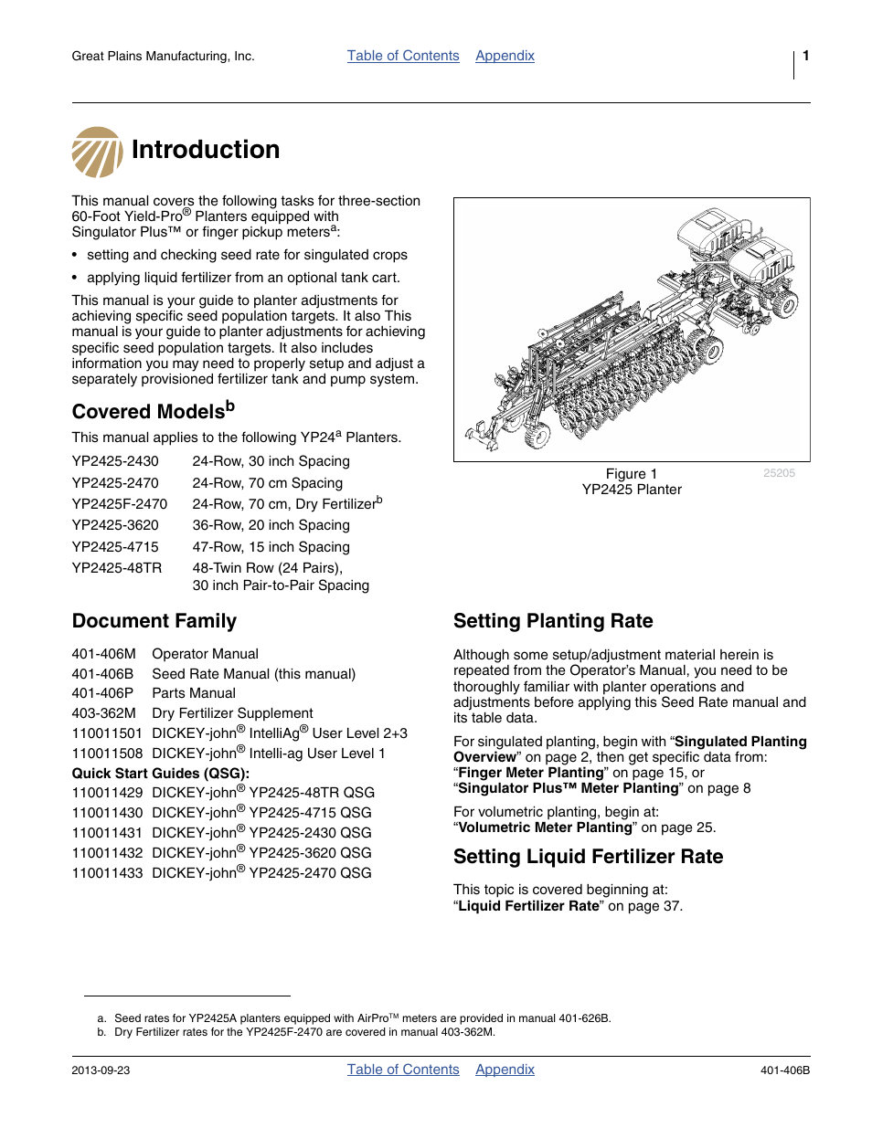Introduction, Covered models, Document family | Quick start guides (qsg), Setting planting rate, Setting liquid fertilizer rate, Document family setting planting rate | Great Plains YP2425F-2470 Material Rate User Manual | Page 3 / 50
