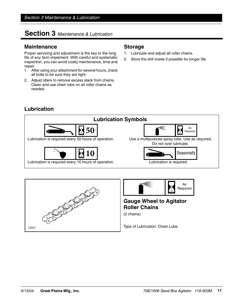 Maintenance, Storage, Lubrication | Lubrication symbols, Gauge wheel to agitator roller chains | Great Plains 1006NT Operator Manual User Manual | Page 13 / 22