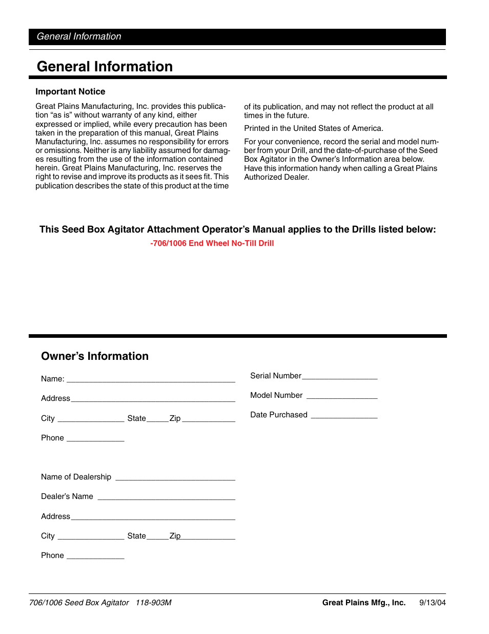 General information, Owner’s information | Great Plains 1006NT Operator Manual User Manual | Page 2 / 22