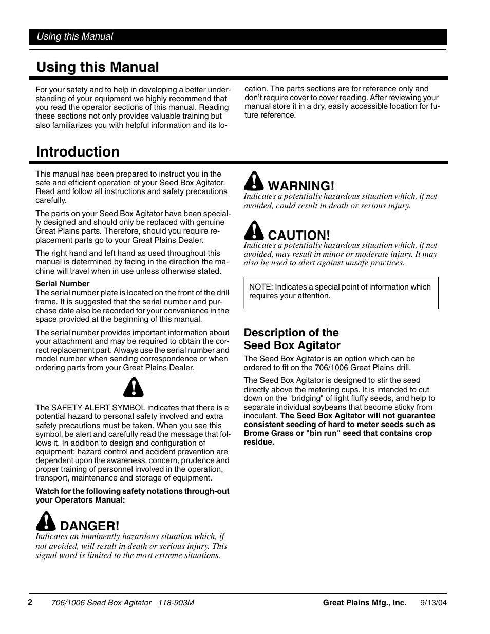 Using this manual introduction, Danger, Warning | Caution | Great Plains 1006NT Operator Manual User Manual | Page 4 / 22