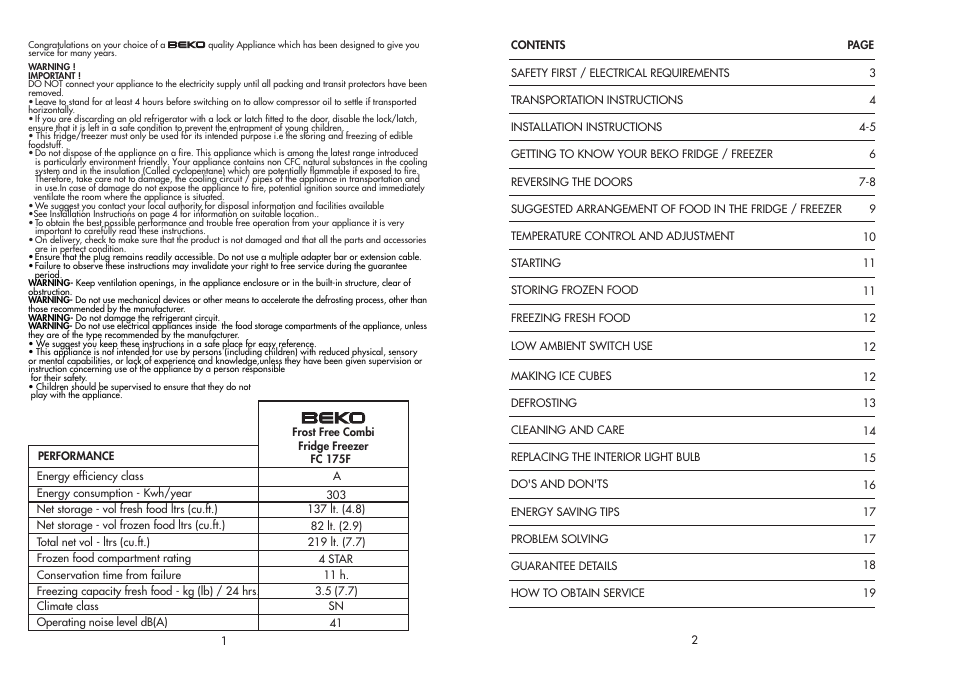 Beko FC 175F User Manual | Page 2 / 11