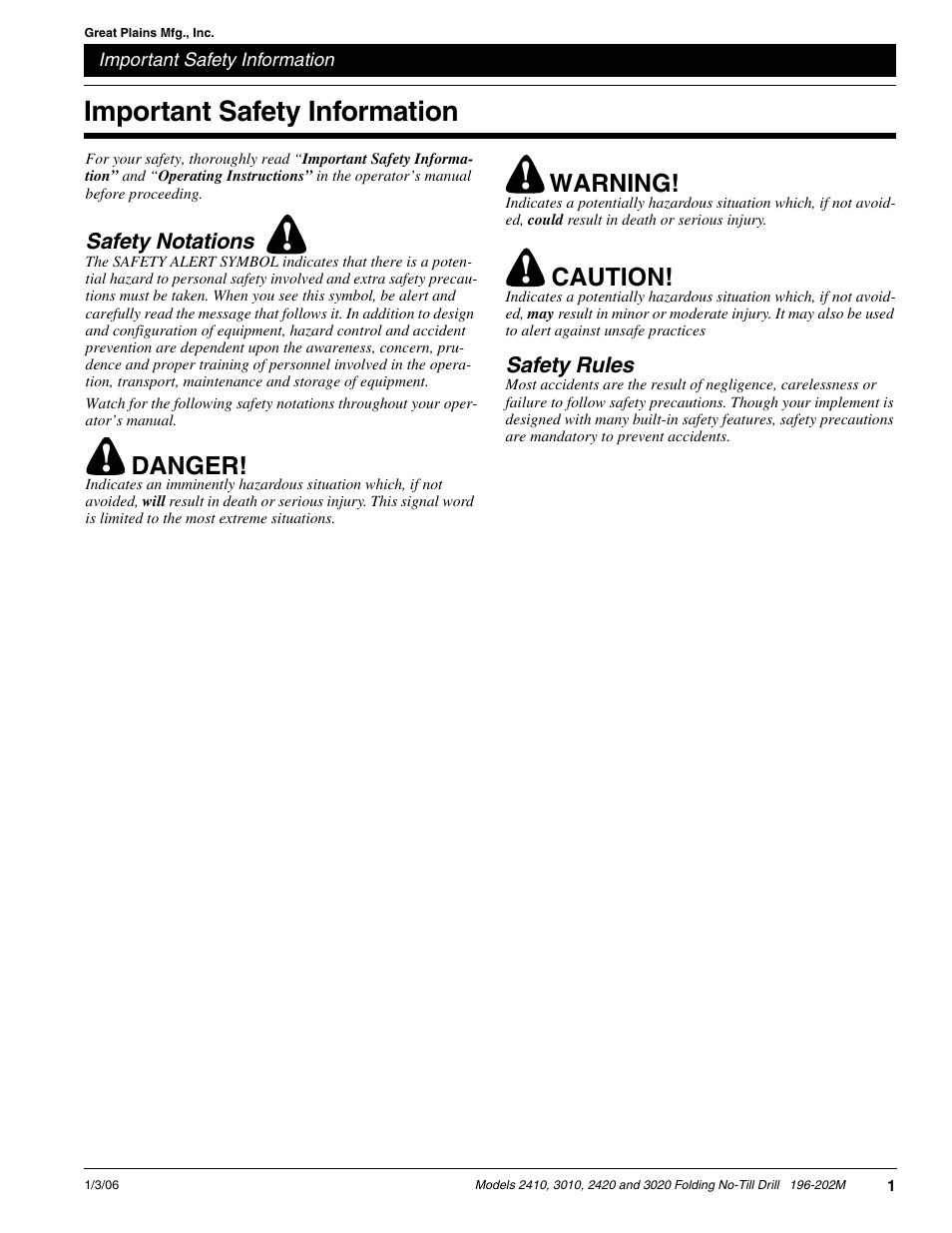 Important safety information | Great Plains 2N-3020 Predelivery Manual User Manual | Page 3 / 14