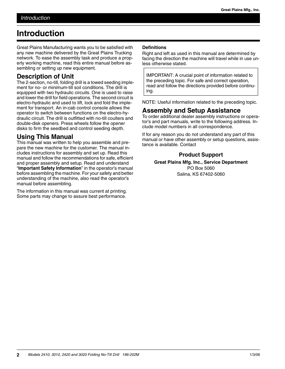 Introduction, Assembly and setup assistance, Description of unit | Using this manual | Great Plains 2N-3020 Predelivery Manual User Manual | Page 4 / 14
