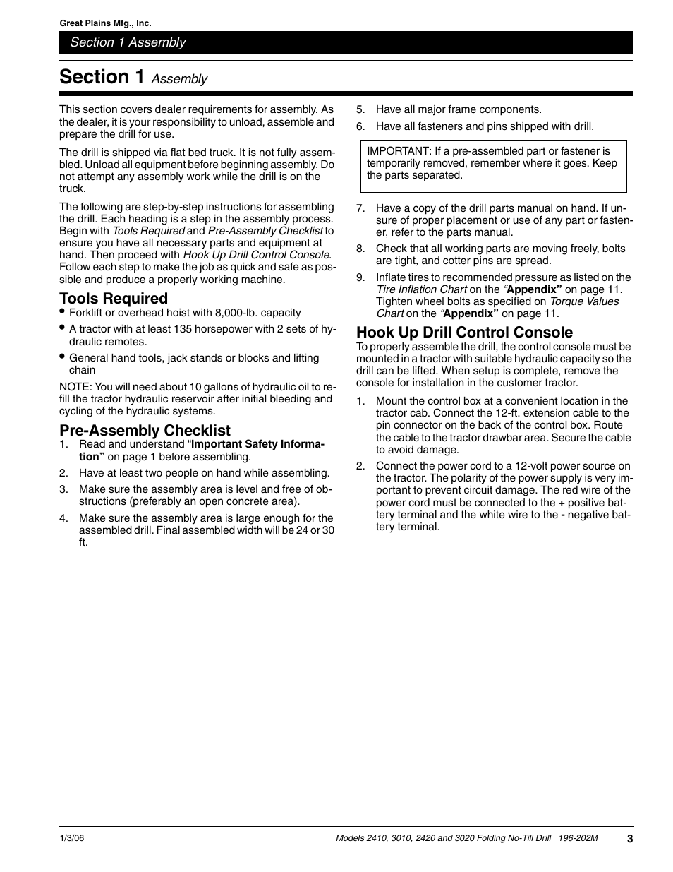 Tools required, Pre-assembly checklist, Hook up drill control console | Great Plains 2N-3020 Predelivery Manual User Manual | Page 5 / 14