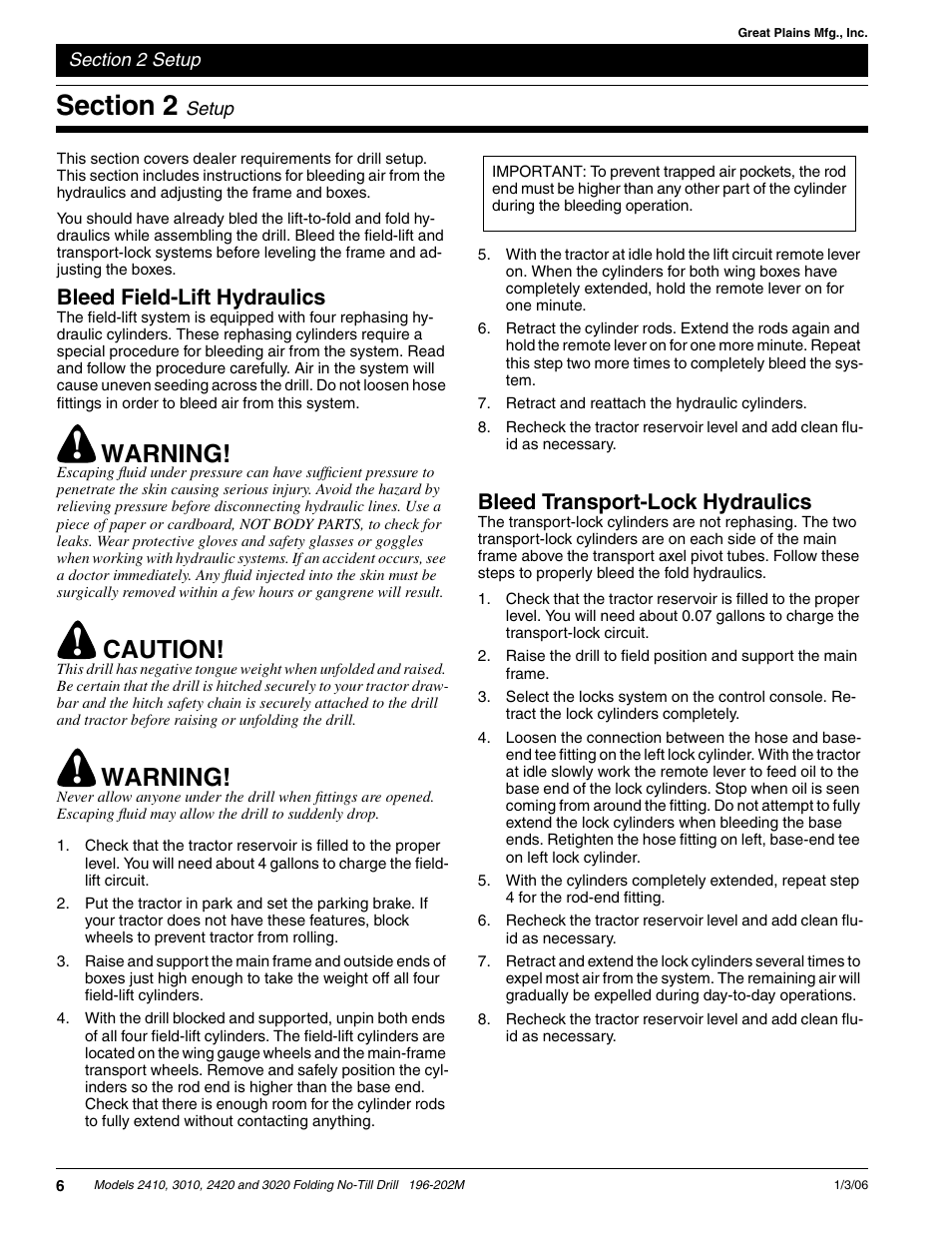 Warning, Caution, Bleed field-lift hydraulics | Bleed transport-lock hydraulics | Great Plains 2N-3020 Predelivery Manual User Manual | Page 8 / 14