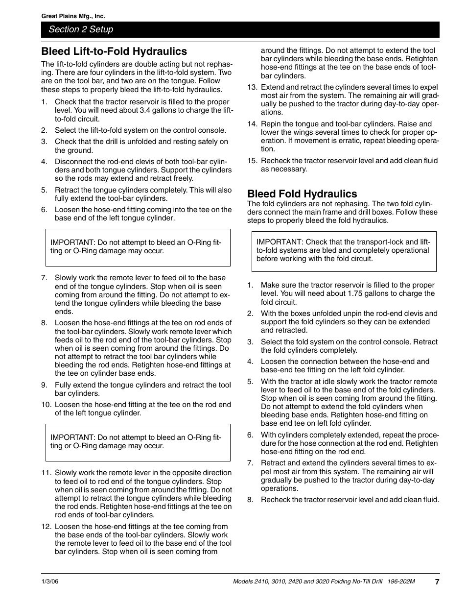 Bleed lift-to-fold hydraulics, Bleed fold hydraulics | Great Plains 2N-3020 Predelivery Manual User Manual | Page 9 / 14