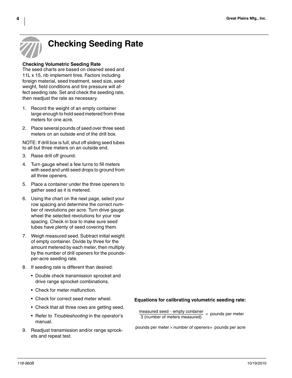 Checking seeding rate | Great Plains 2525P Material Rate User Manual | Page 4 / 77