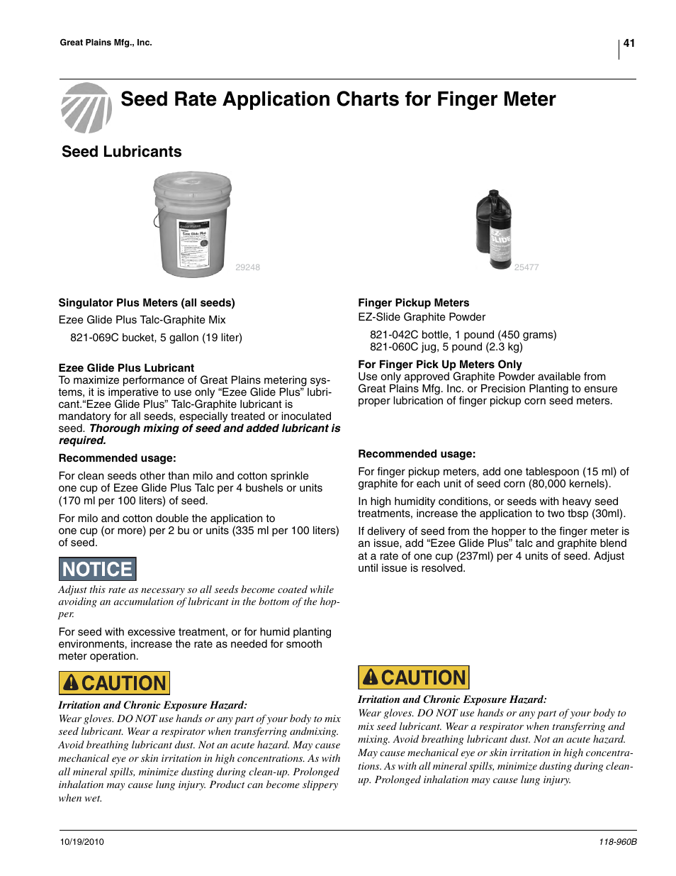 Seed rate application charts for finger meter, Seed lubricants | Great Plains 2525P Material Rate User Manual | Page 41 / 77