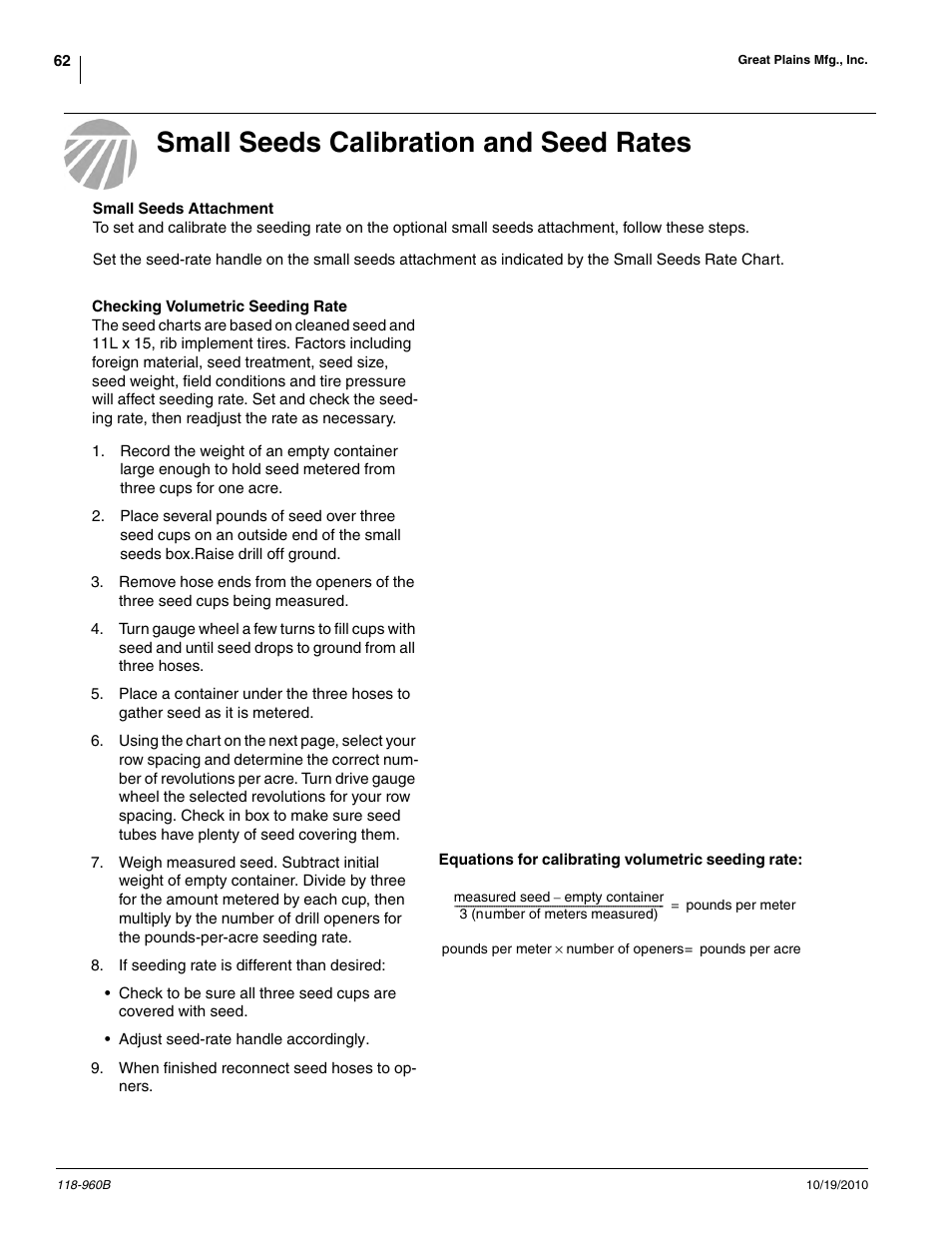 Small seeds calibration and seed rates | Great Plains 2525P Material Rate User Manual | Page 62 / 77
