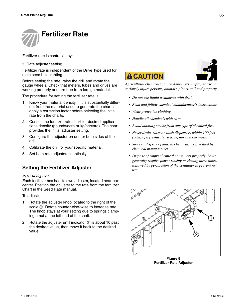 Fertilizer rate, Setting the fertilizer adjuster | Great Plains 2525P Material Rate User Manual | Page 65 / 77