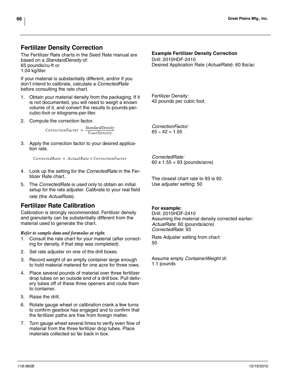 Fertilizer density correction, Fertilizer rate calibration | Great Plains 2525P Material Rate User Manual | Page 66 / 77