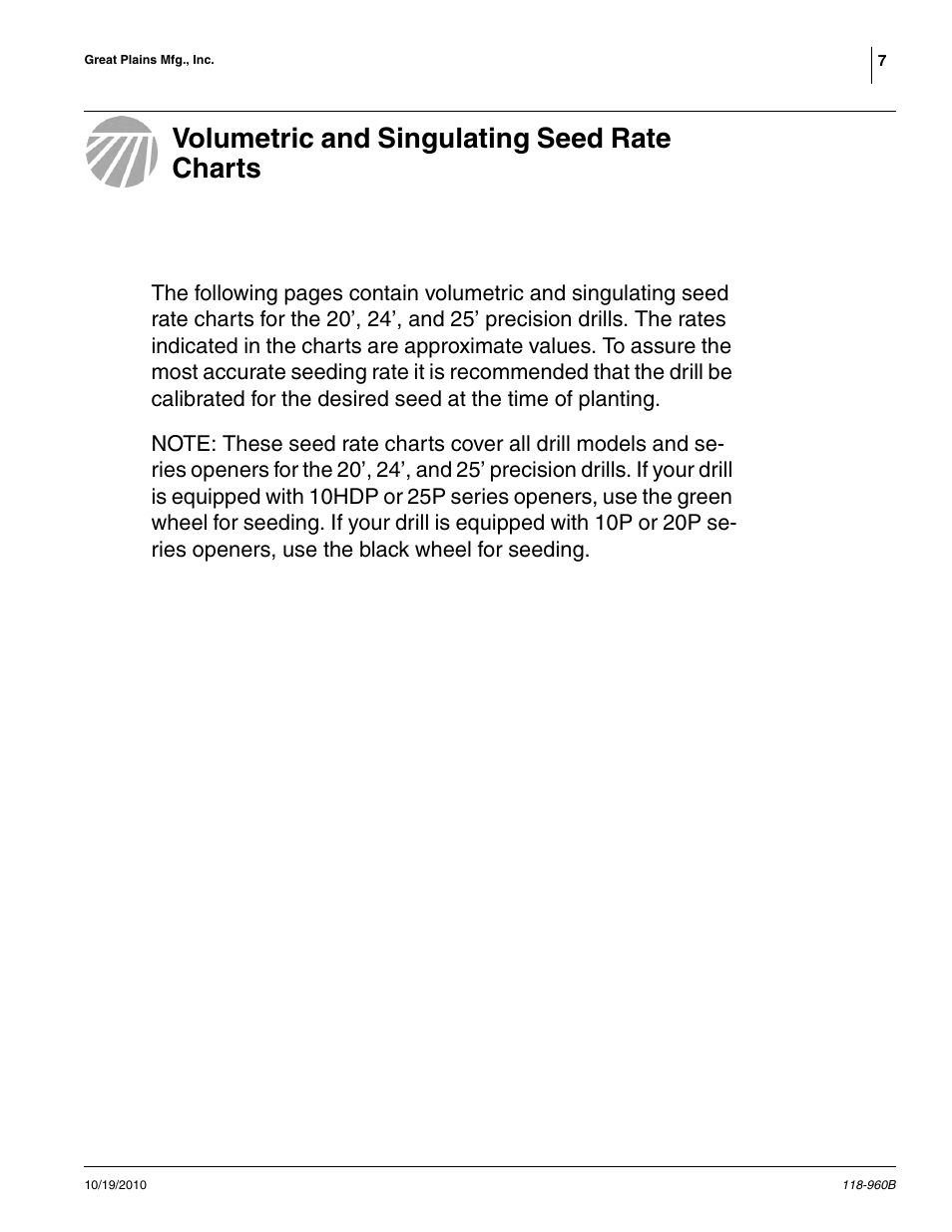 Volumetric and singulating seed rate charts | Great Plains 2525P Material Rate User Manual | Page 7 / 77