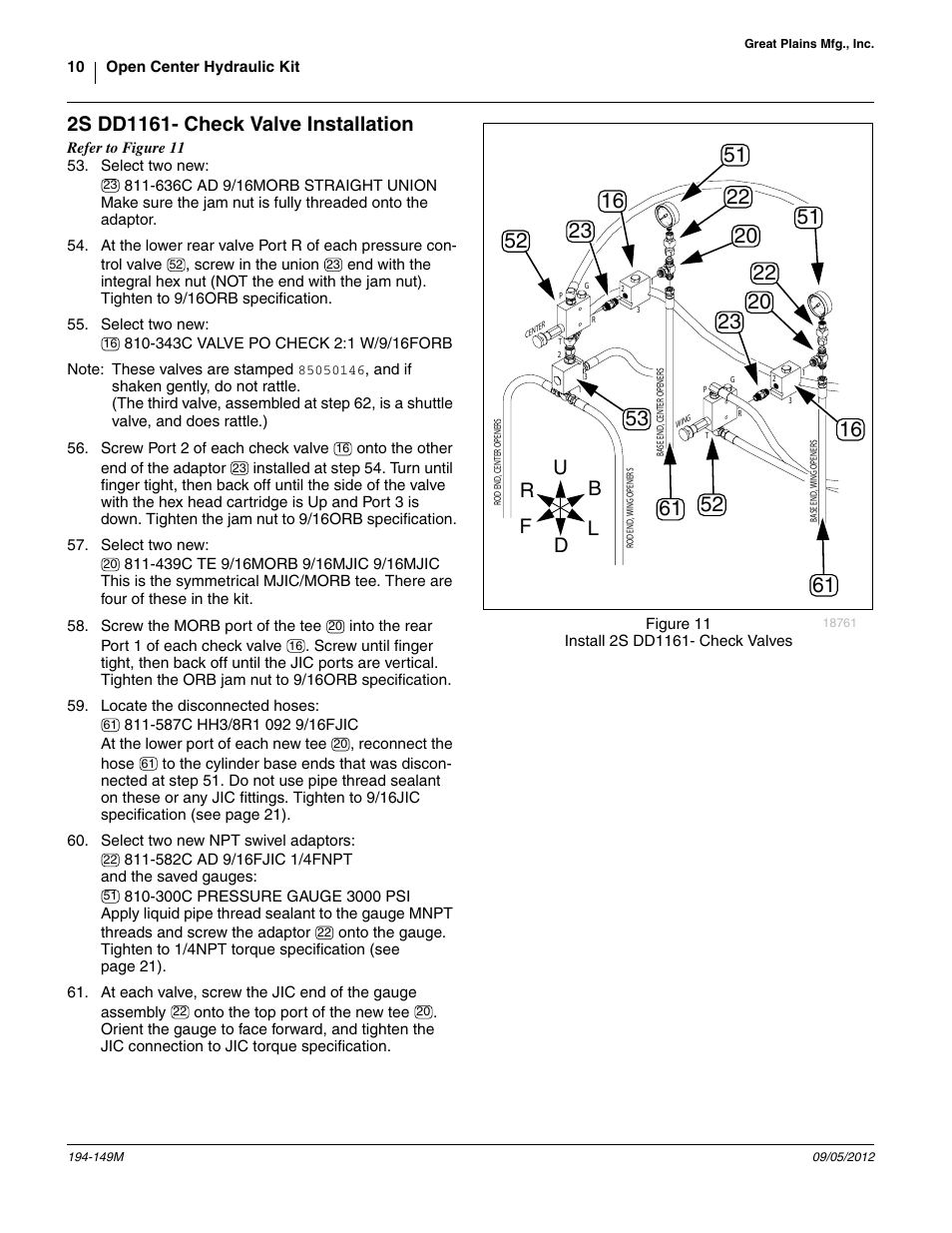 2s dd1161- check valve installation, These gauges are re-installed at step 60, Step 59. note which hose is which (b | Great Plains 3S-3000 Installation Instructions User Manual | Page 10 / 24