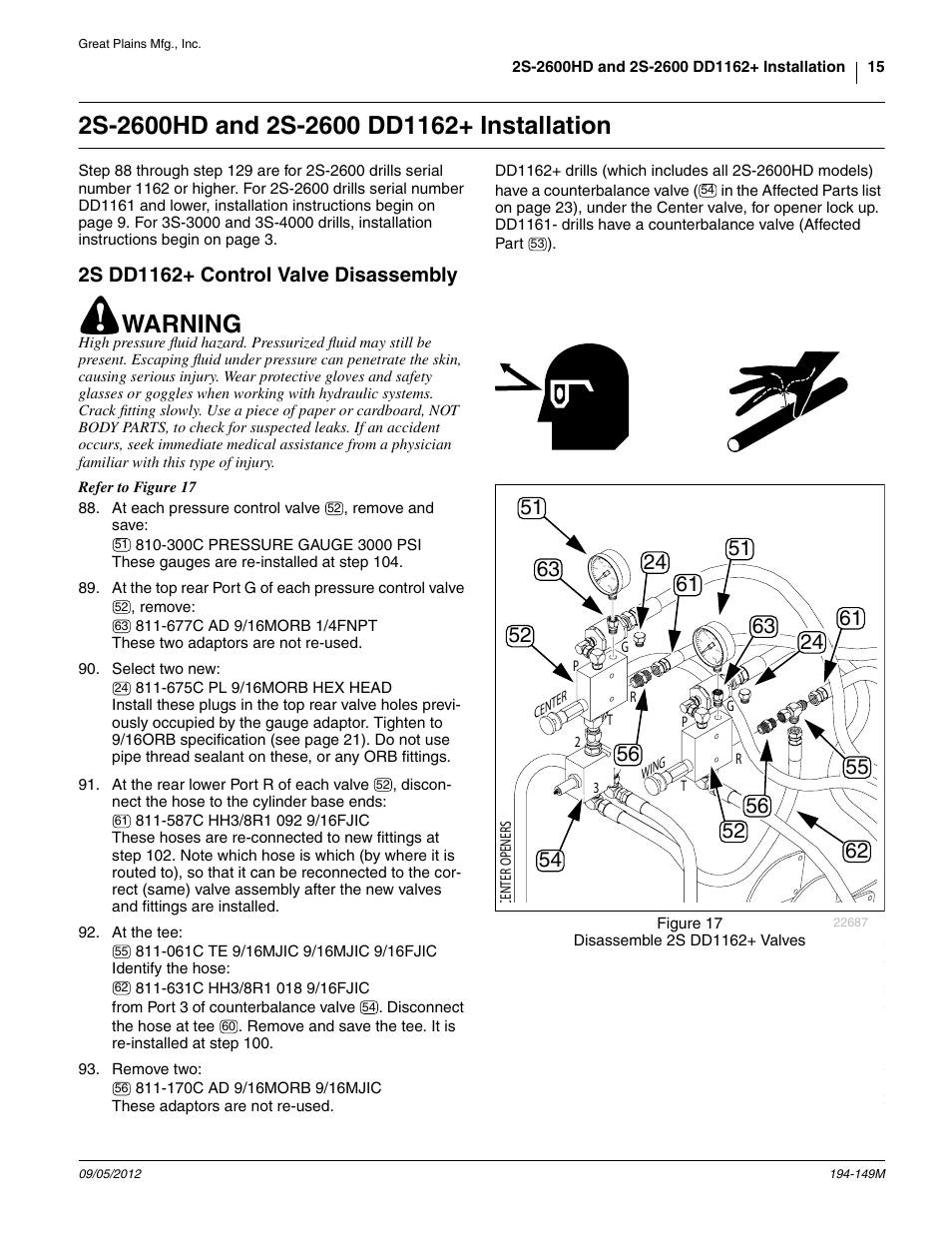 2s-2600hd and 2s-2600 dd1162+ installation, 2s dd1162+ control valve disassembly, Warning | Great Plains 3S-3000 Installation Instructions User Manual | Page 15 / 24