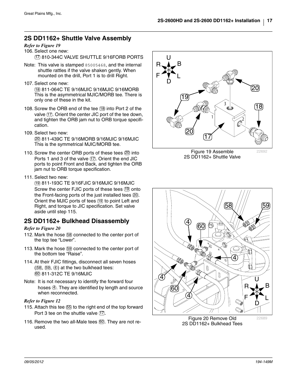2s dd1162+ shuttle valve assembly, 2s dd1162+ bulkhead disassembly, Led at step 106, is a shut | Great Plains 3S-3000 Installation Instructions User Manual | Page 17 / 24