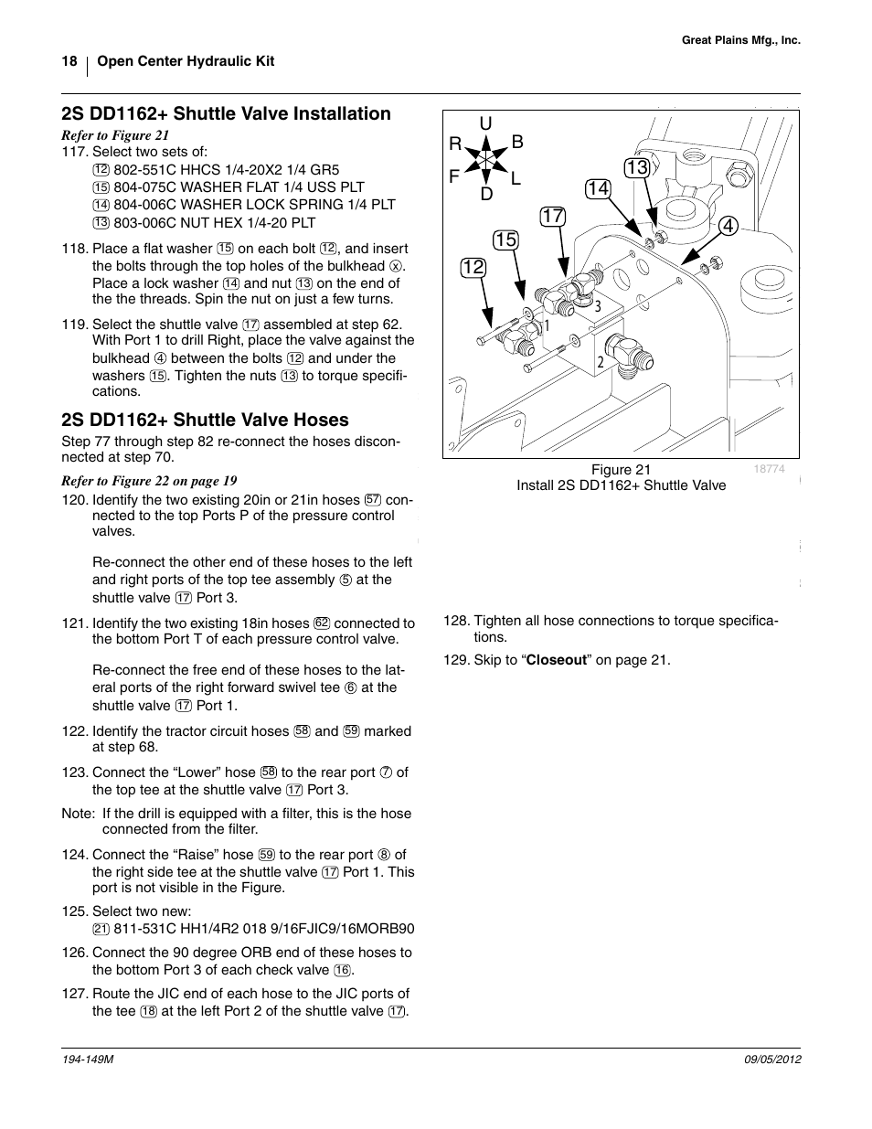 2s dd1162+ shuttle valve installation, 2s dd1162+ shuttle valve hoses | Great Plains 3S-3000 Installation Instructions User Manual | Page 18 / 24