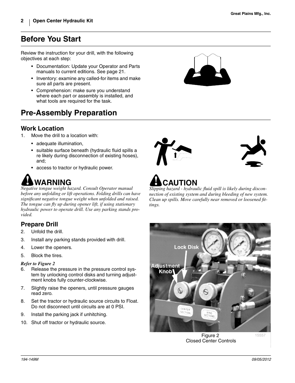 Before you start, Pre-assembly preparation, Work location | Prepare drill, 2 pre-assembly preparation, Warning, Caution | Great Plains 3S-3000 Installation Instructions User Manual | Page 2 / 24