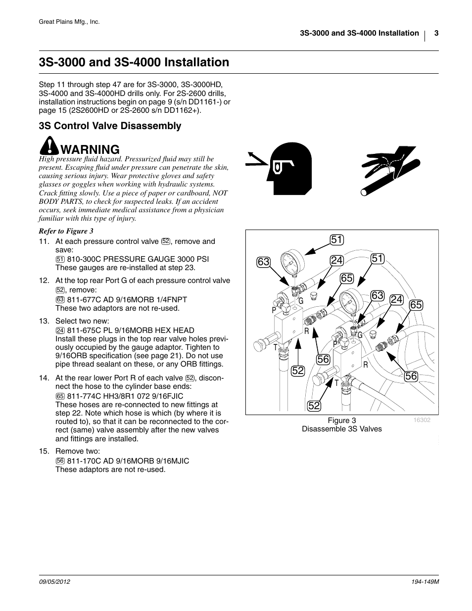 3s-3000 and 3s-4000 installation, 3s control valve disassembly, Warning | Great Plains 3S-3000 Installation Instructions User Manual | Page 3 / 24