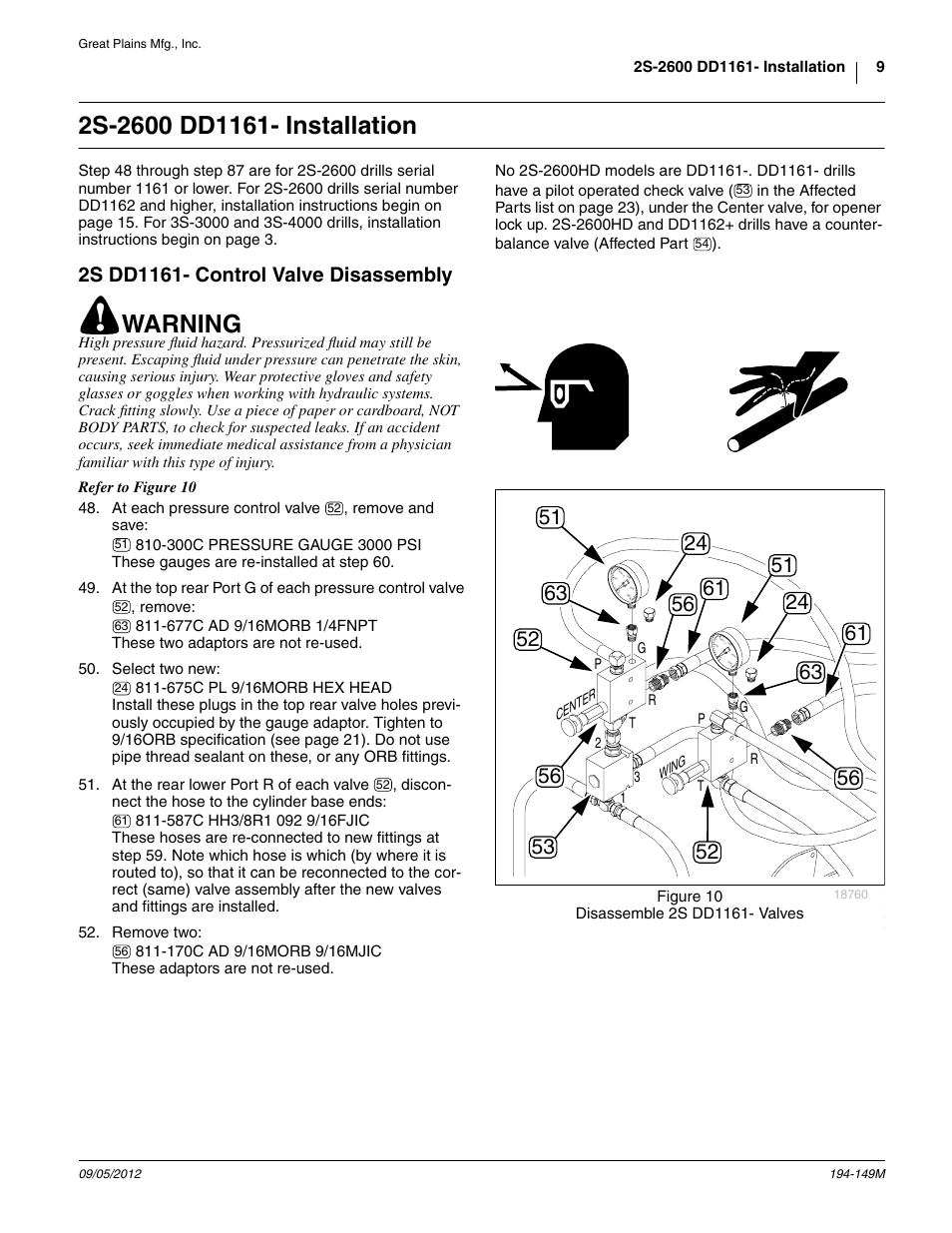 2s-2600 dd1161- installation, 2s dd1161- control valve disassembly, Warning | Great Plains 3S-3000 Installation Instructions User Manual | Page 9 / 24