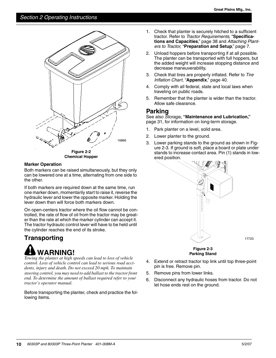 Warning, Transporting, Parking | Great Plains 8030P G1022 Operator Manual User Manual | Page 13 / 44