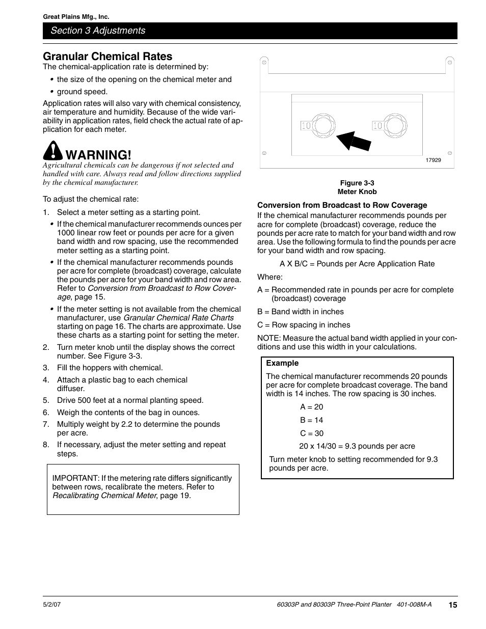 Warning, Granular chemical rates | Great Plains 8030P G1022 Operator Manual User Manual | Page 18 / 44