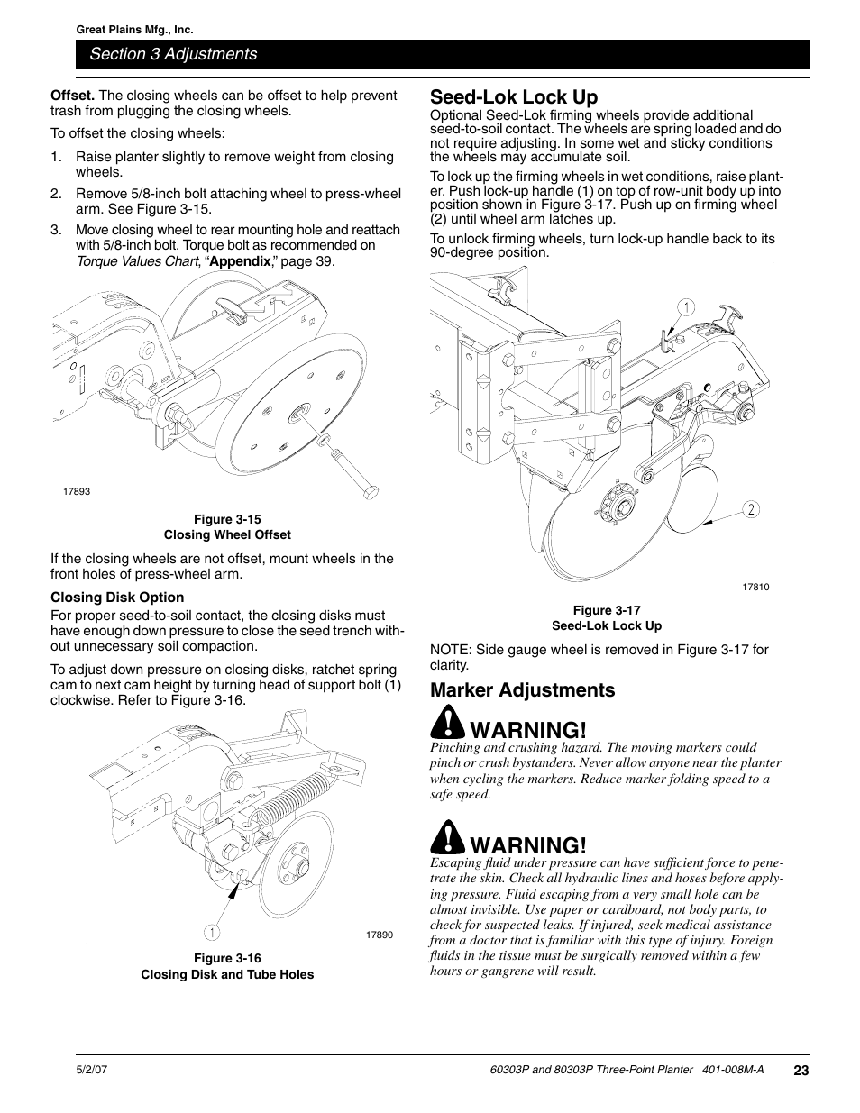 Warning, Seed-lok lock up, Marker adjustments | Great Plains 8030P G1022 Operator Manual User Manual | Page 26 / 44