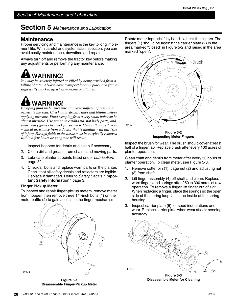Warning, Maintenance | Great Plains 8030P G1022 Operator Manual User Manual | Page 31 / 44