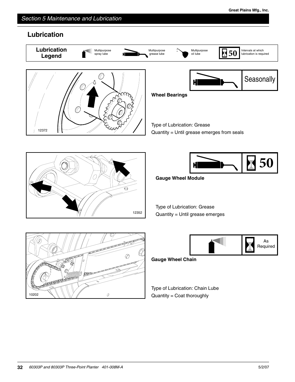 Seasonally, Lubrication | Great Plains 8030P G1022 Operator Manual User Manual | Page 35 / 44