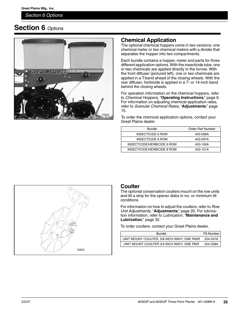 Coulter, Chemical application, Options | Great Plains 8030P G1022 Operator Manual User Manual | Page 38 / 44