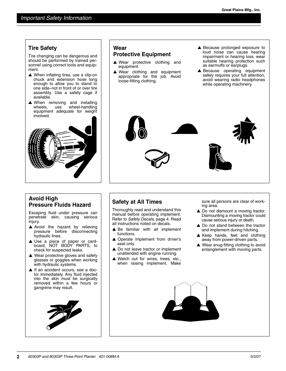 Important safety information, Tire safety, Wear protective equipment | Avoid high pressure fluids hazard, Safety at all times | Great Plains 8030P G1022 Operator Manual User Manual | Page 5 / 44