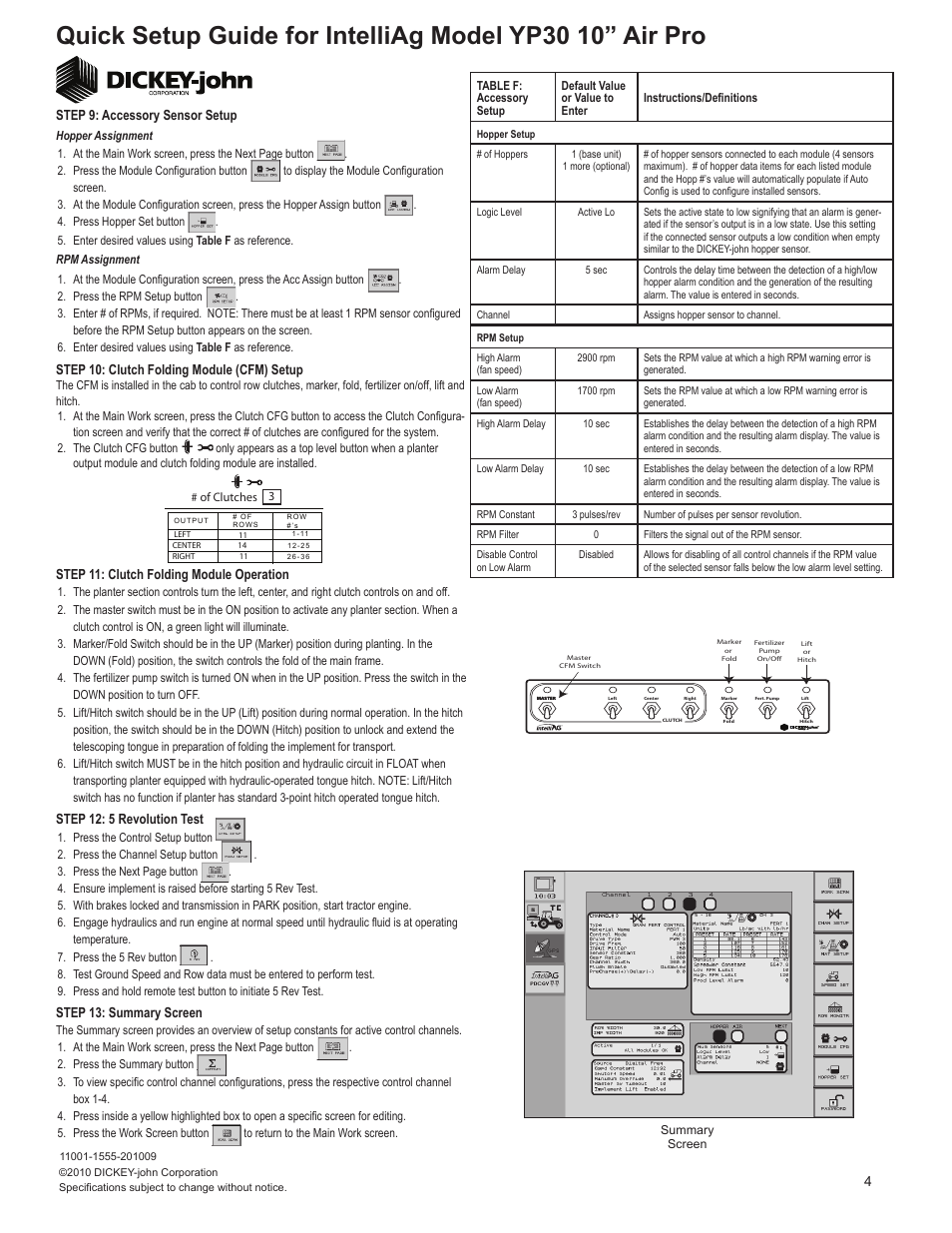 Step 12: 5 revolution test, 4step 13: summary screen, Step 11: clutch folding module operation | Step 9: accessory sensor setup, Step 10: clutch folding module (cfm) setup | Great Plains YP3025A-3610 36-Row 10-Inch Quick Start User Manual | Page 4 / 5