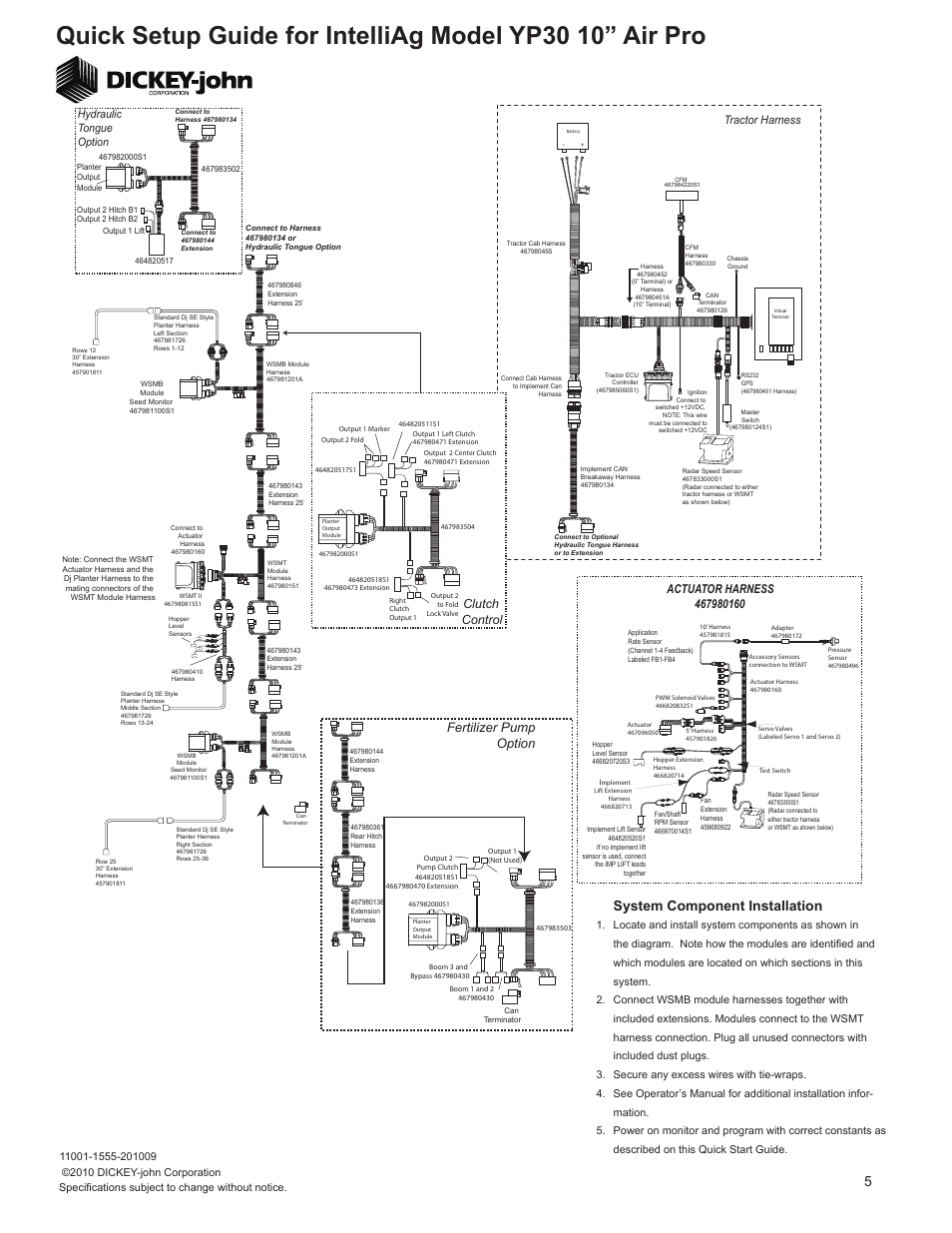 System component installation, Fertilizer pump option, Clutch control | Tractor harness, Hydraulic tongue option | Great Plains YP3025A-3610 36-Row 10-Inch Quick Start User Manual | Page 5 / 5