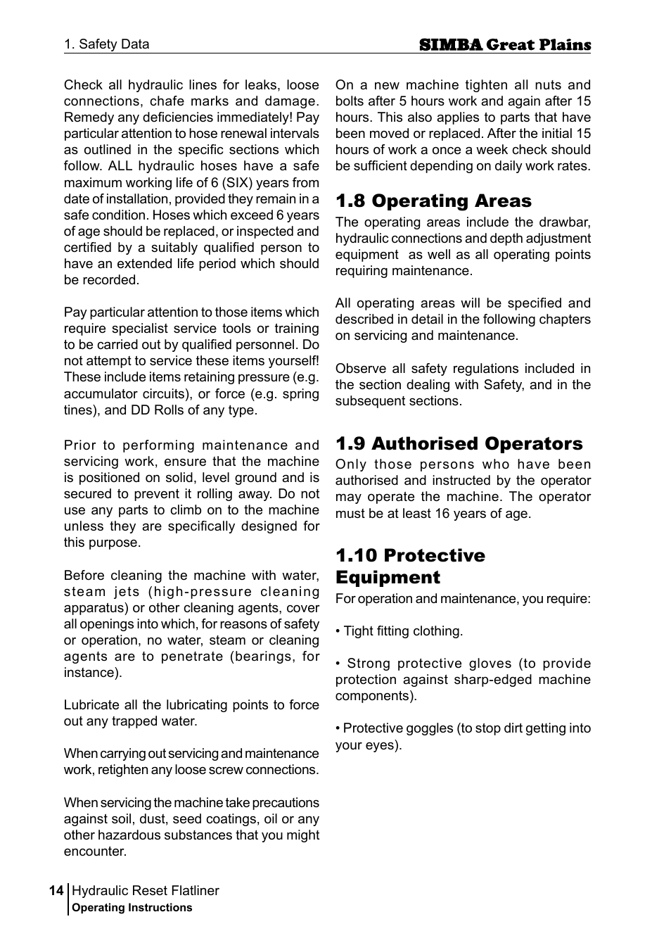 8 operating areas, 9 authorised operators, 10 protective equipment | Great Plains P16229C Operator Manual User Manual | Page 14 / 92